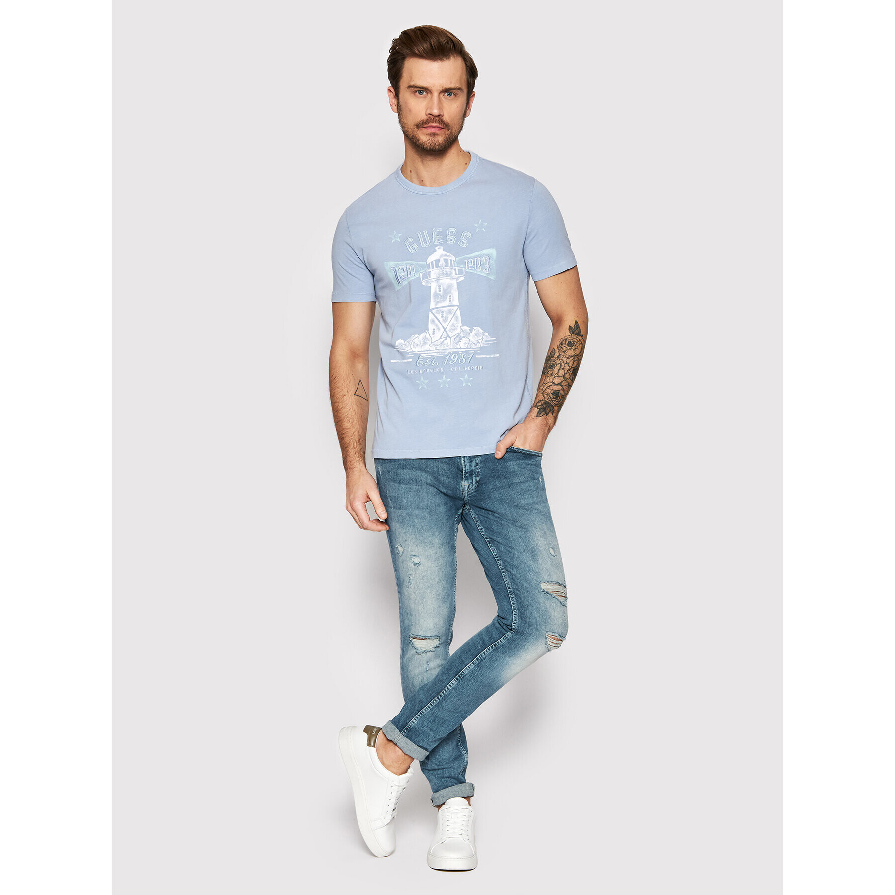 Guess Tricou Thewat M2GI15 K8FQ0 Albastru Slim Fit - Pled.ro