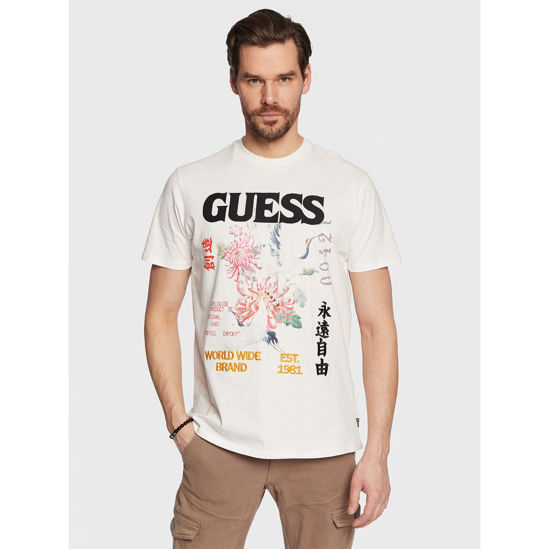 Guess Tricou Tokyo Collage M3GI76 KBDL0 Écru Regular Fit - Pled.ro