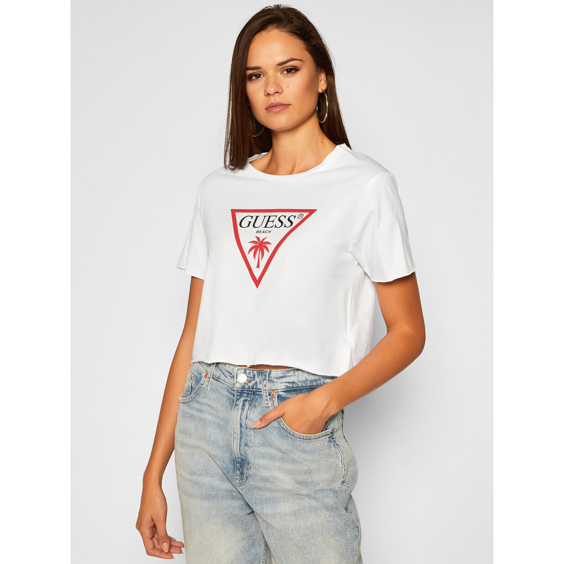 Guess Tricou Triangle Logo E02I01 K8FY0 Alb Relaxed Fit - Pled.ro