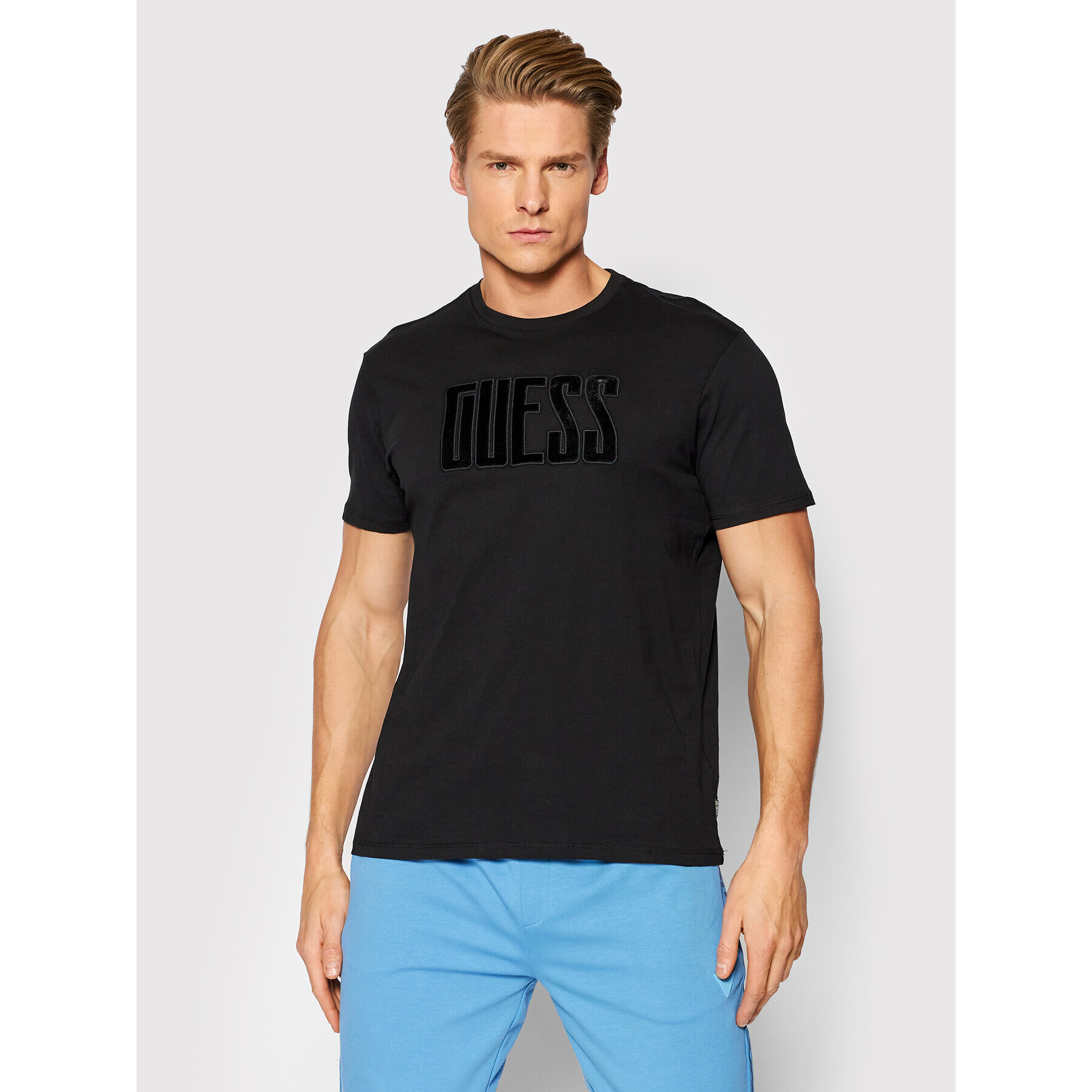 Guess Tricou Velvet Applique Logo MBRI25 KAVR5 Negru Regular Fit - Pled.ro