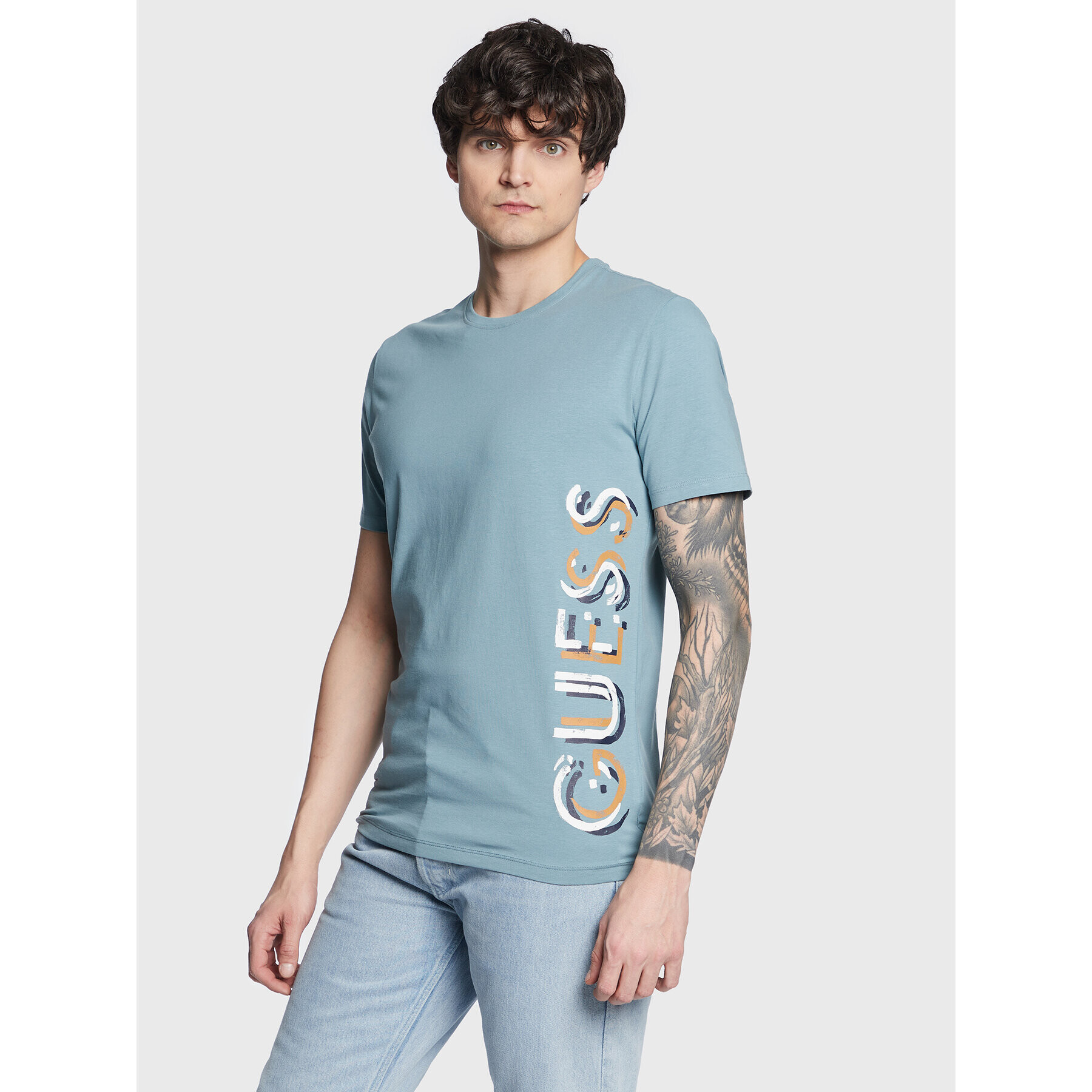 Guess Tricou Vetical Logo M3GI22 J1314 Albastru Slim Fit - Pled.ro