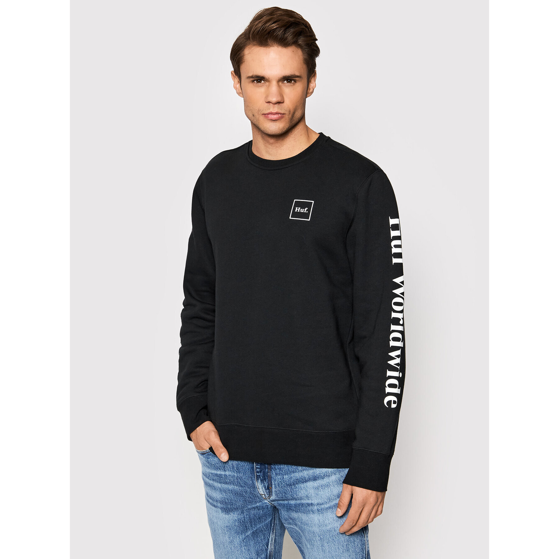 HUF Bluză Essentials Domestic Crew PF00264 Negru Regular Fit - Pled.ro