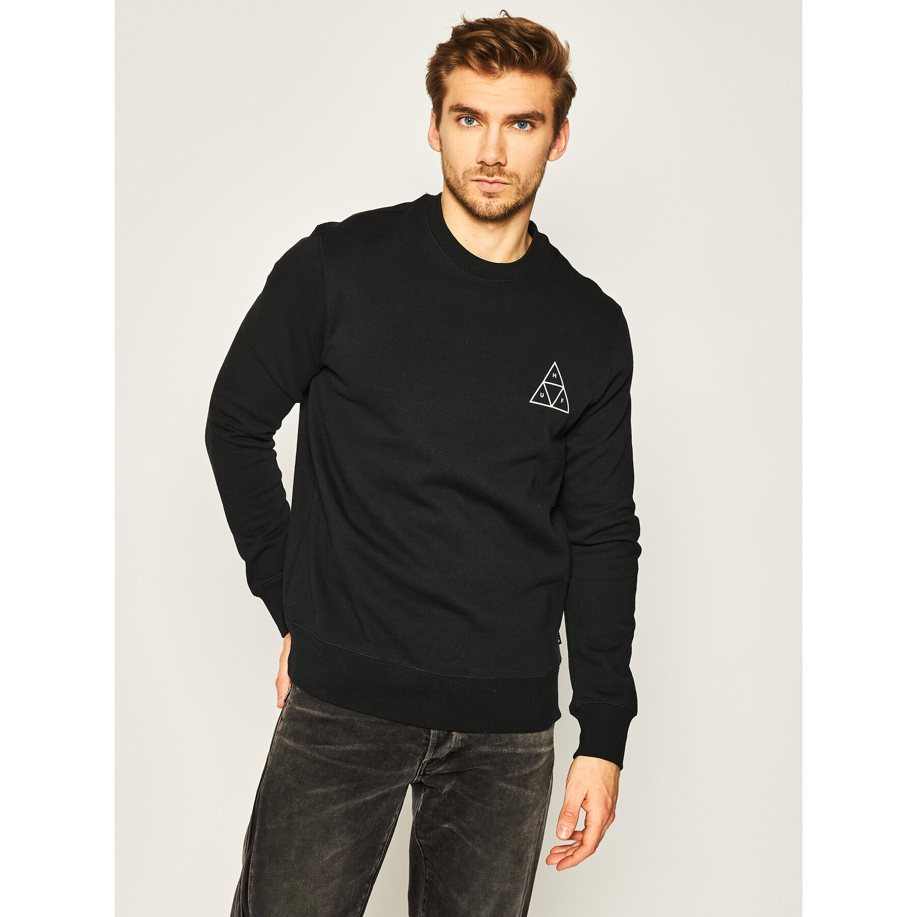 HUF Bluză Essentials Tt Crew PF00101 Negru Regular Fit - Pled.ro