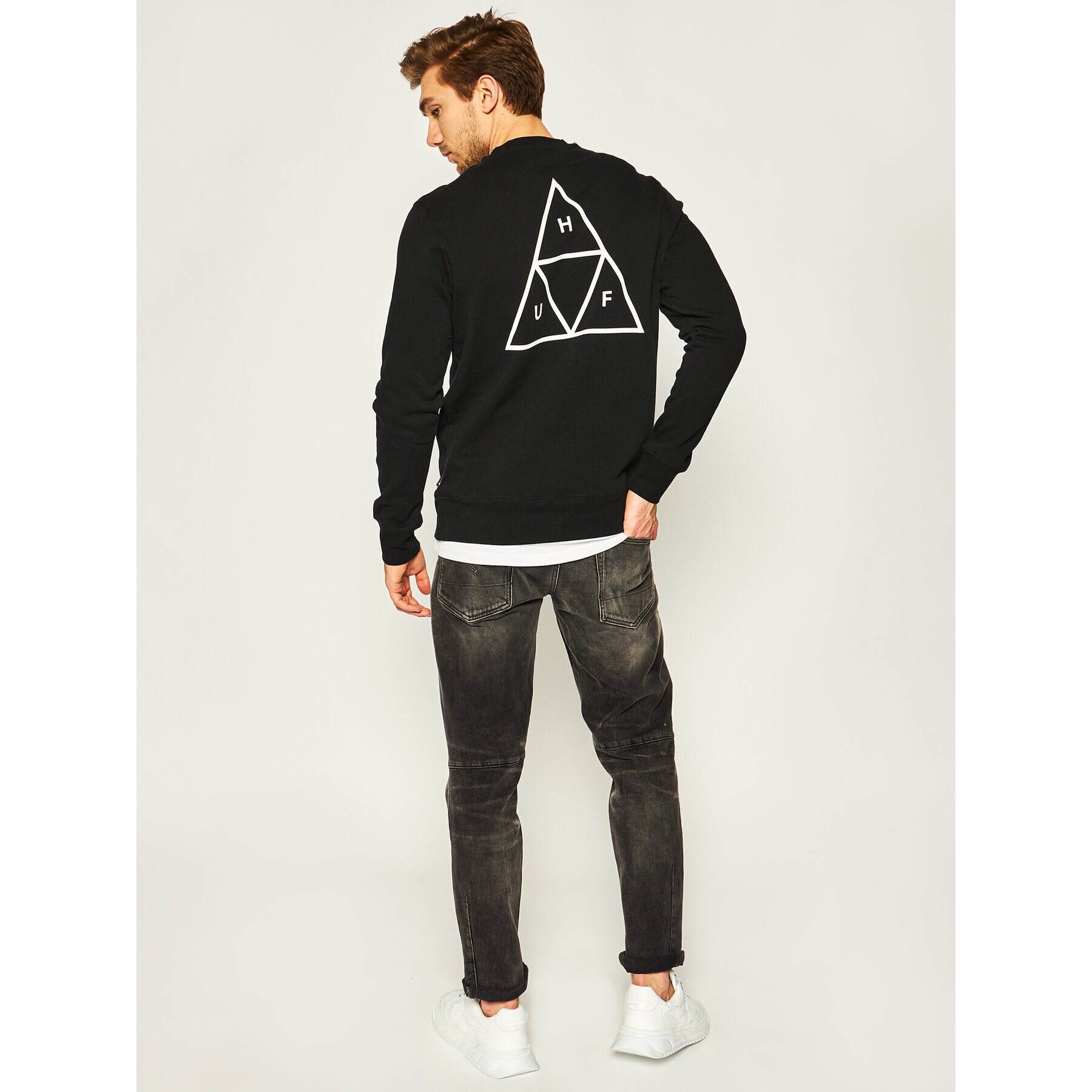 HUF Bluză Essentials Tt Crew PF00101 Negru Regular Fit - Pled.ro