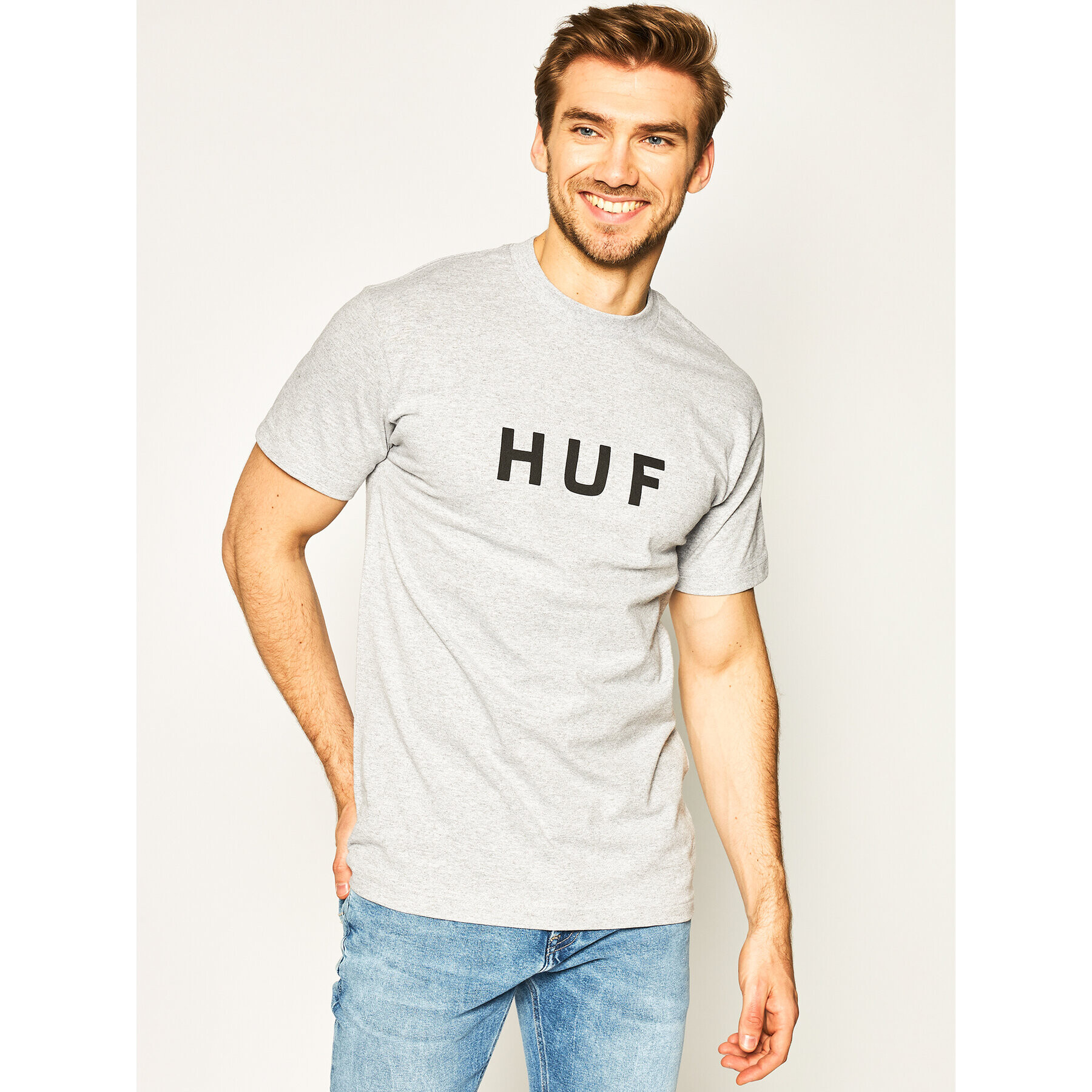 HUF Tricou Essentials Og Logo TS00508 Gri Regular Fit - Pled.ro