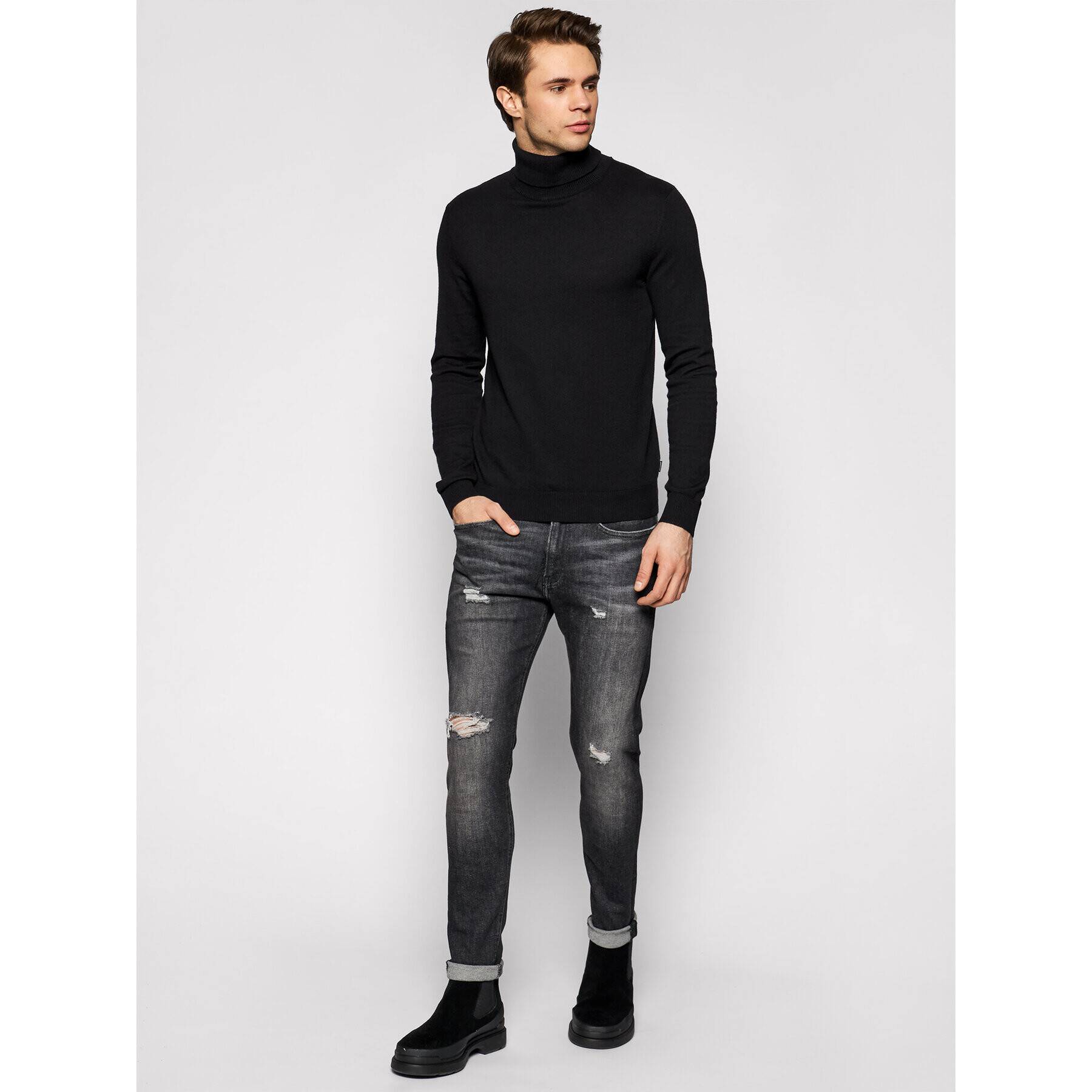 Jack&Jones Bluză cu gât Emil Knit Roll Neck 12157417 Negru Regular Fit - Pled.ro