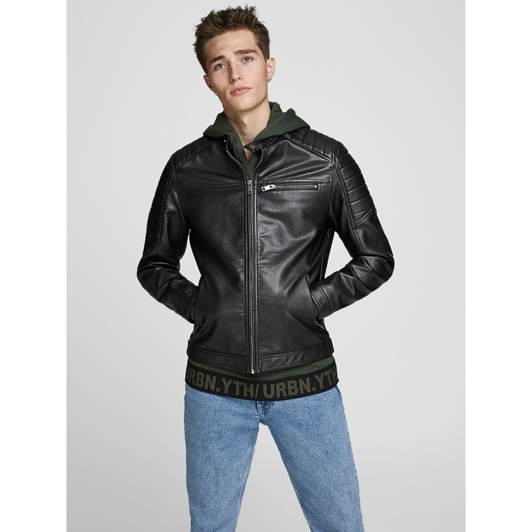 Jack&Jones Geacă din imitație de piele Rocky 12147218 Negru Regular Fit - Pled.ro