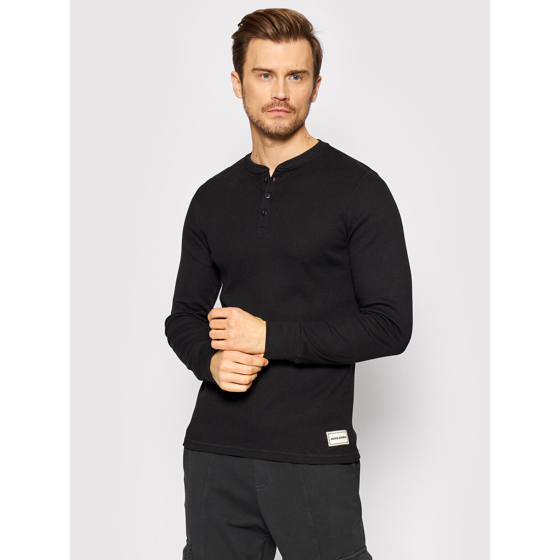 Jack&Jones Tricou polo Henrik Henley 12188377 Negru Regular Fit - Pled.ro