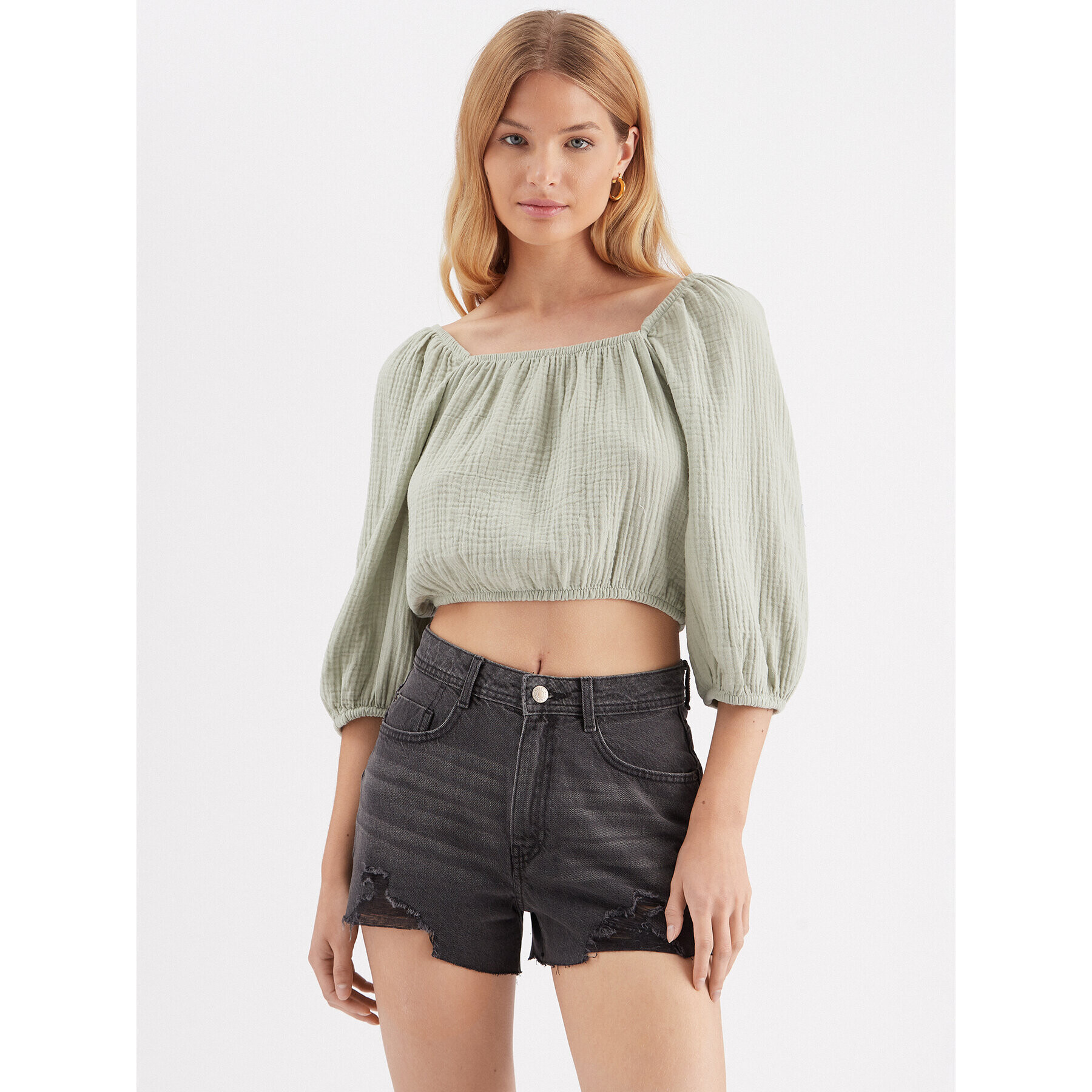 JDY Bluză 15288358 Verde Cropped Fit - Pled.ro