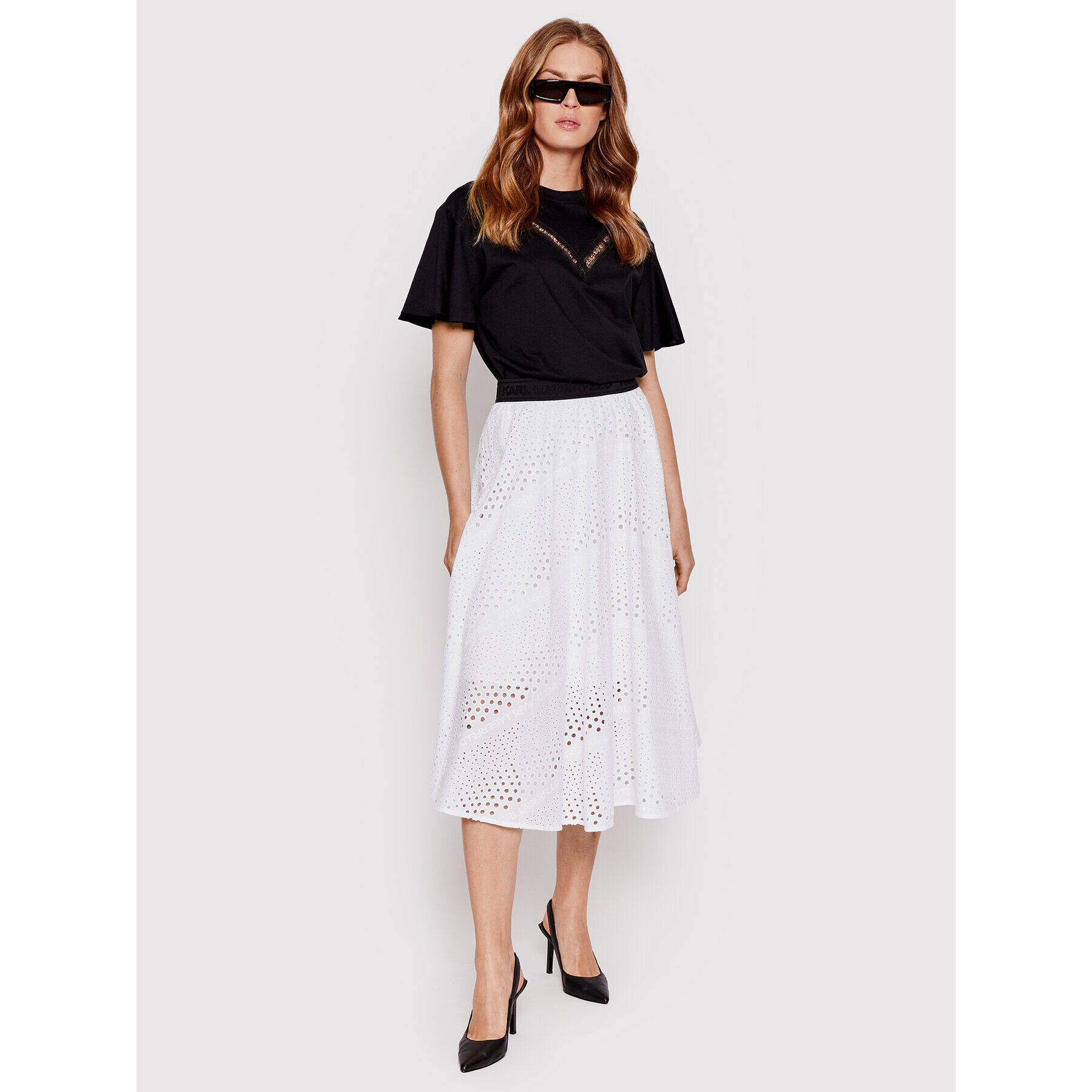 KARL LAGERFELD Fustă trapez Broderie Anglaise 221W1203 Alb Relaxed Fit - Pled.ro