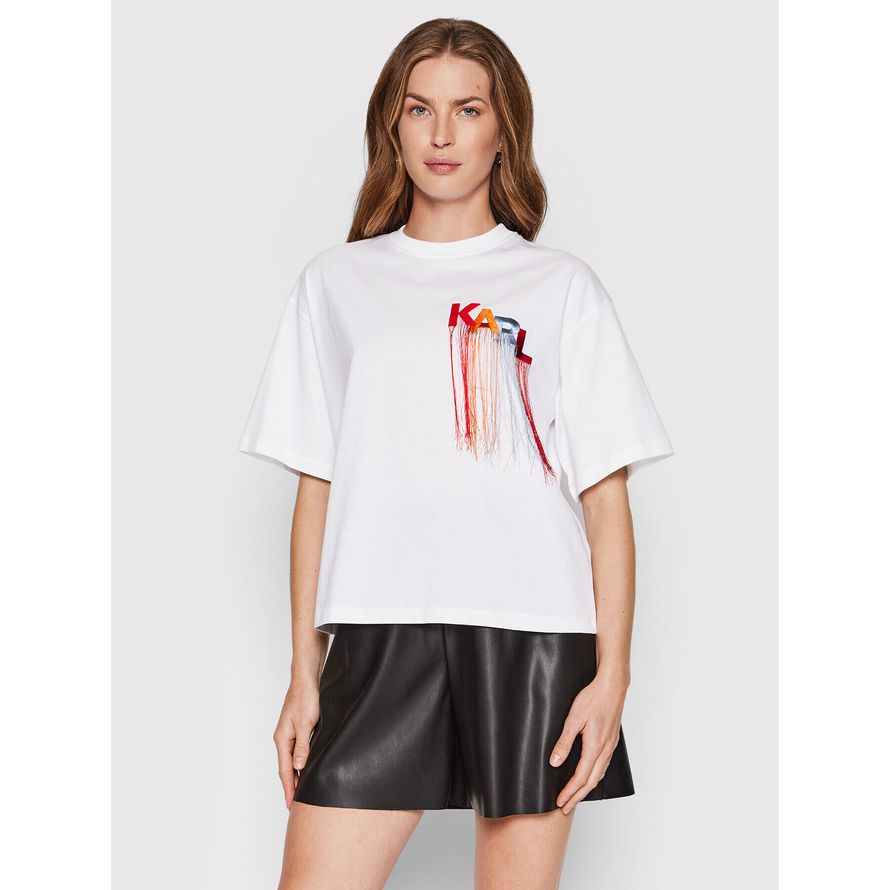 KARL LAGERFELD Tricou Fringe Logo 221W1707 Alb Relaxed Fit - Pled.ro