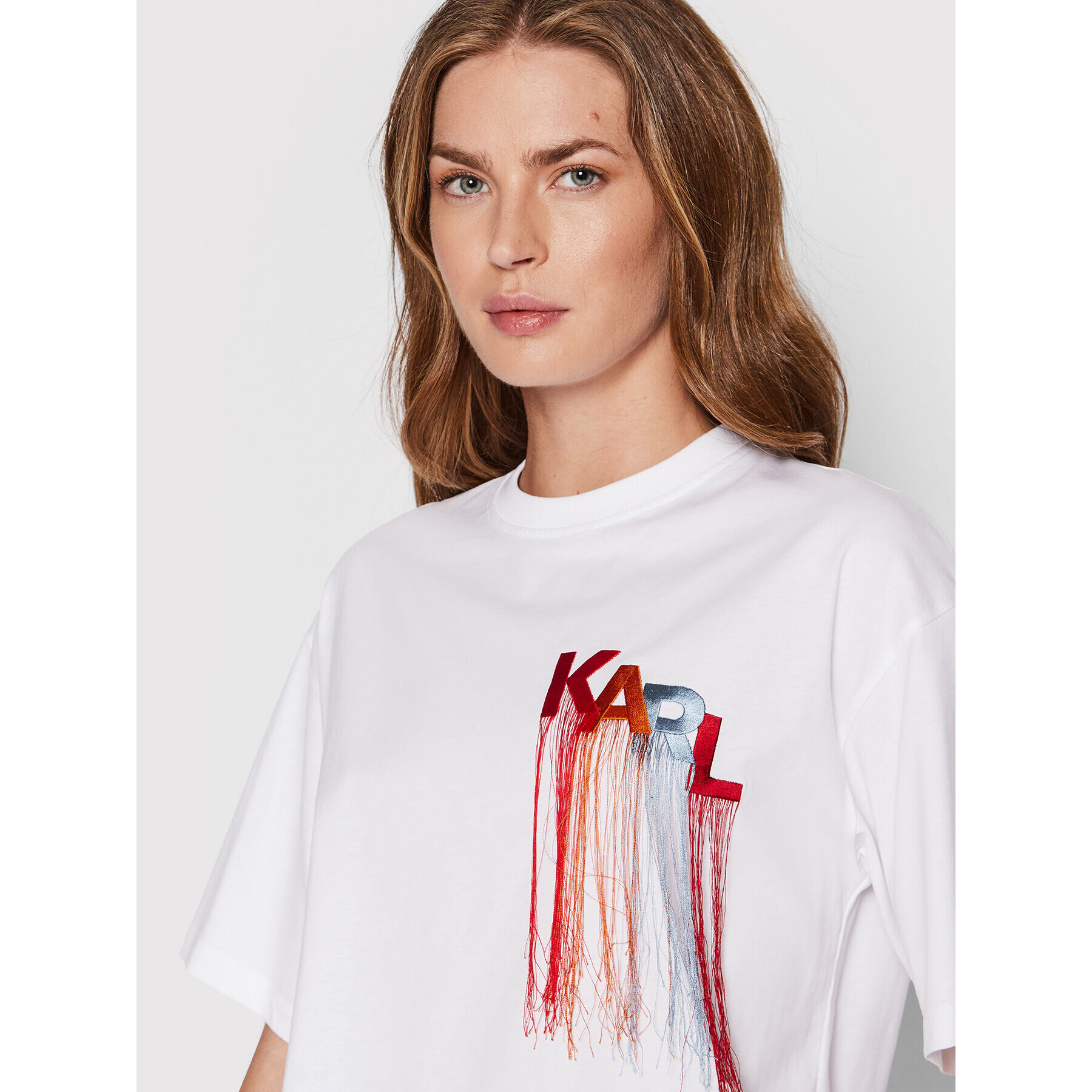 KARL LAGERFELD Tricou Fringe Logo 221W1707 Alb Relaxed Fit - Pled.ro