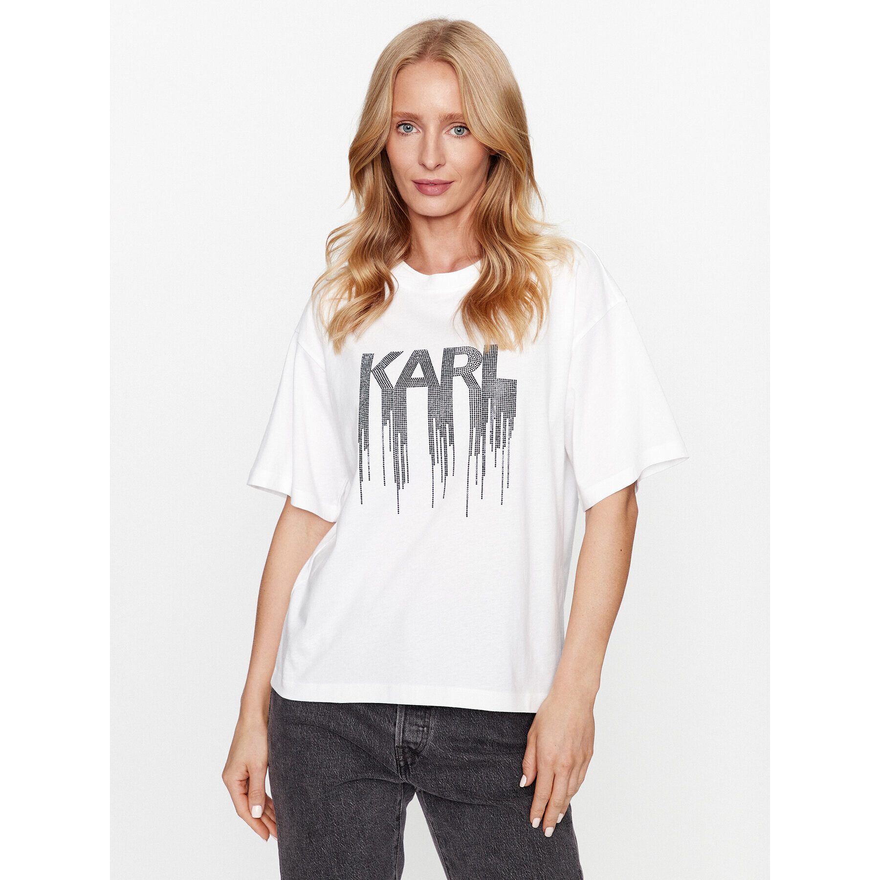 KARL LAGERFELD Tricou Karl Embellished 236W1714 Alb Regular Fit - Pled.ro