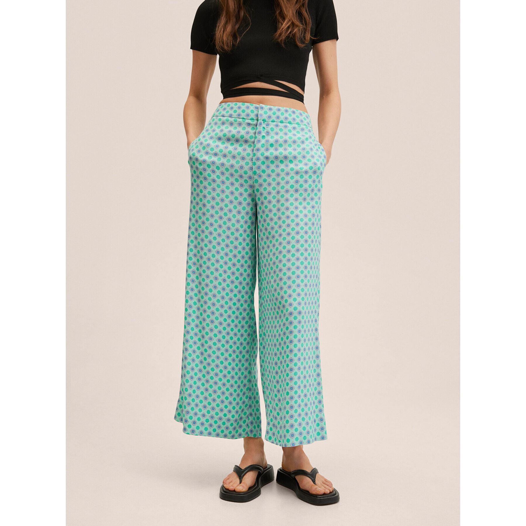 Mango Pantaloni culotte Jaipur 27038638 Verde Regular Fit - Pled.ro