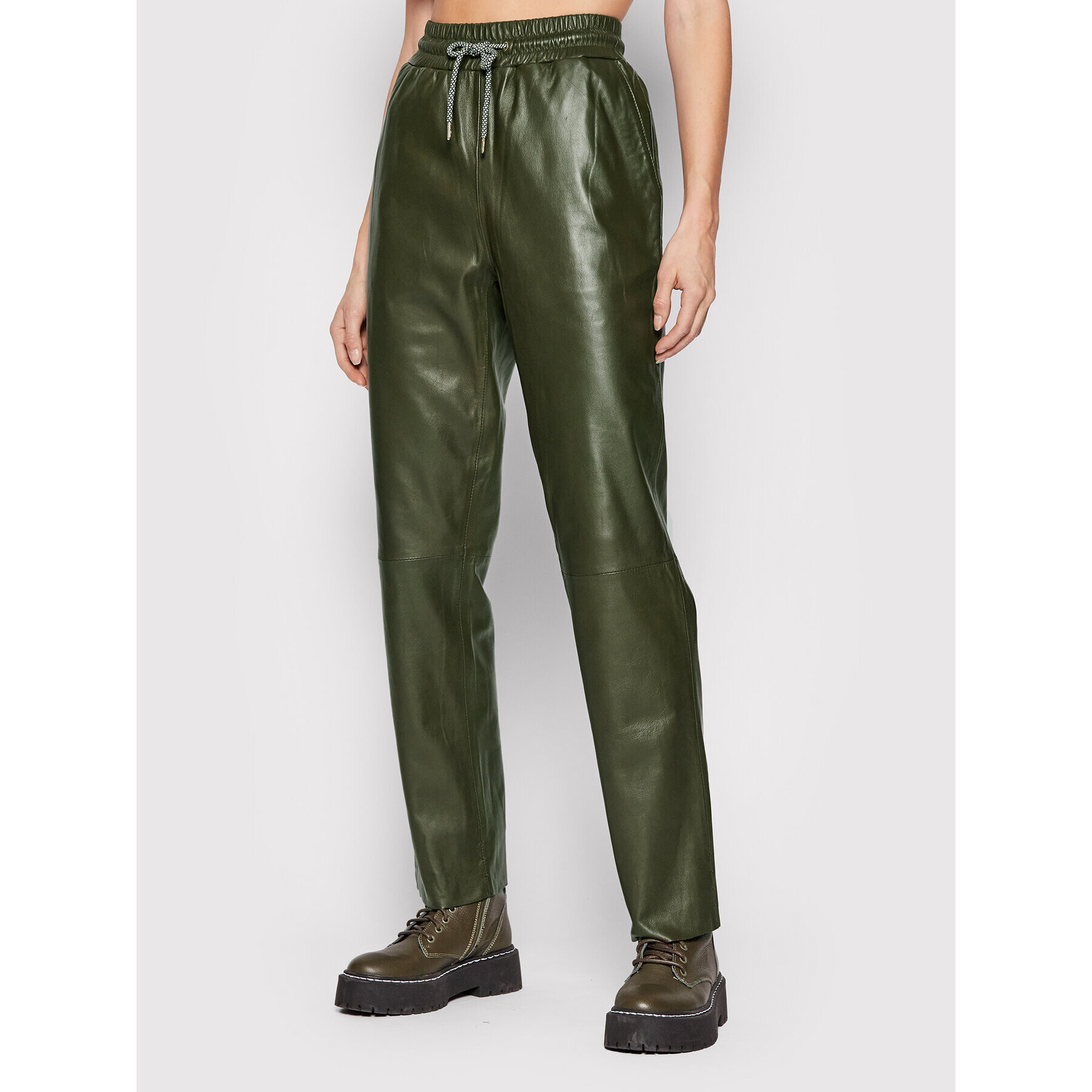 Notes Du Nord Pandaloni de piele Tazz 12504 Verde Relaxed Fit - Pled.ro