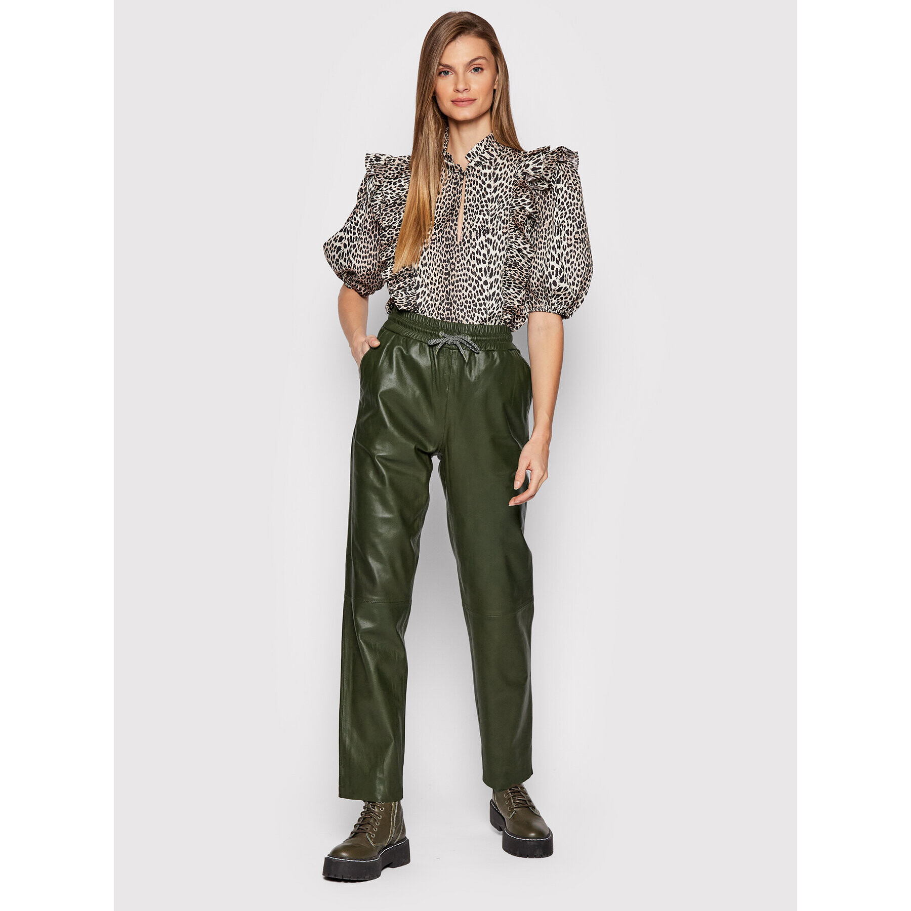 Notes Du Nord Pandaloni de piele Tazz 12504 Verde Relaxed Fit - Pled.ro