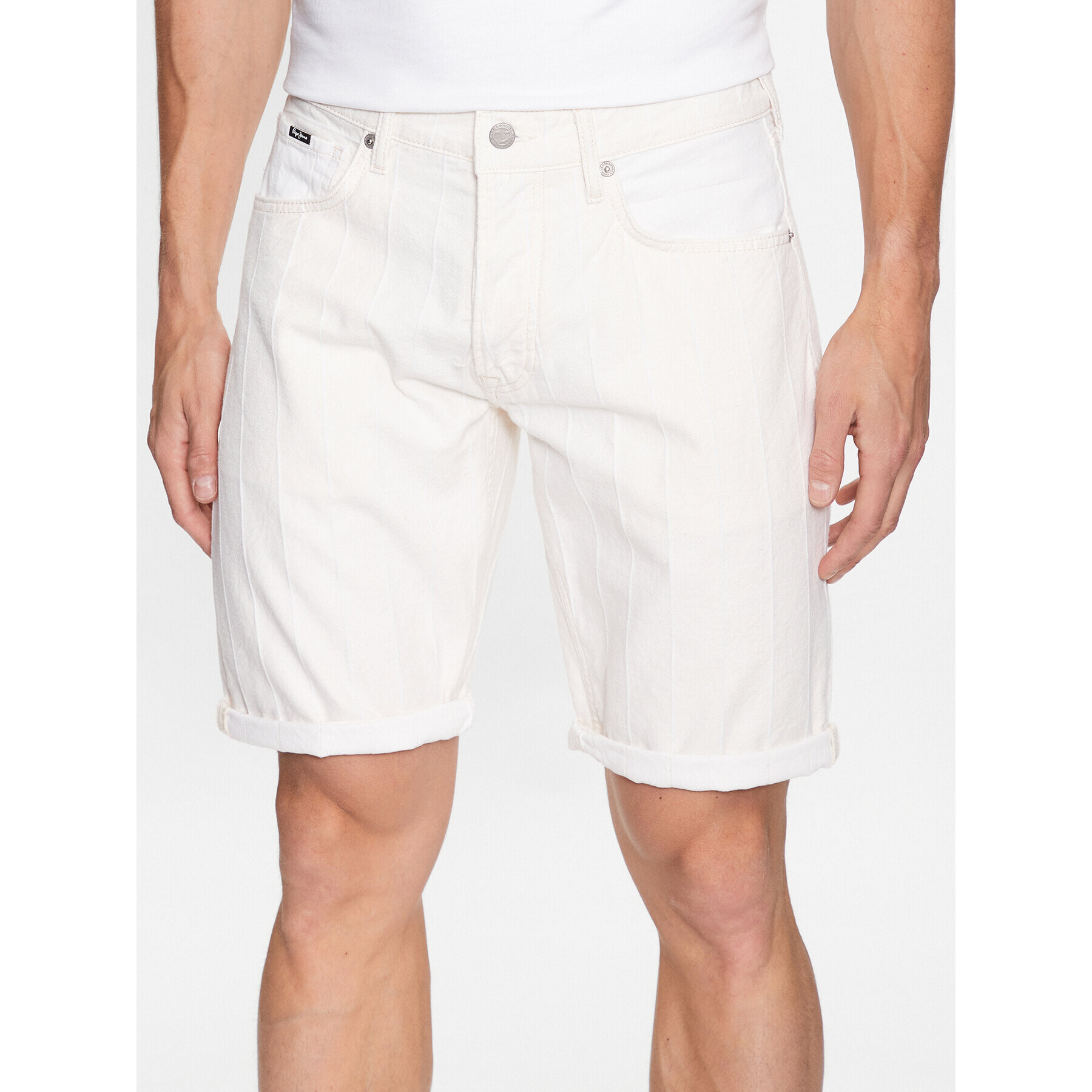 Pepe Jeans Pantaloni scurți de blugi Callen Short Stripe PM801013 Alb Relaxed Fit - Pled.ro