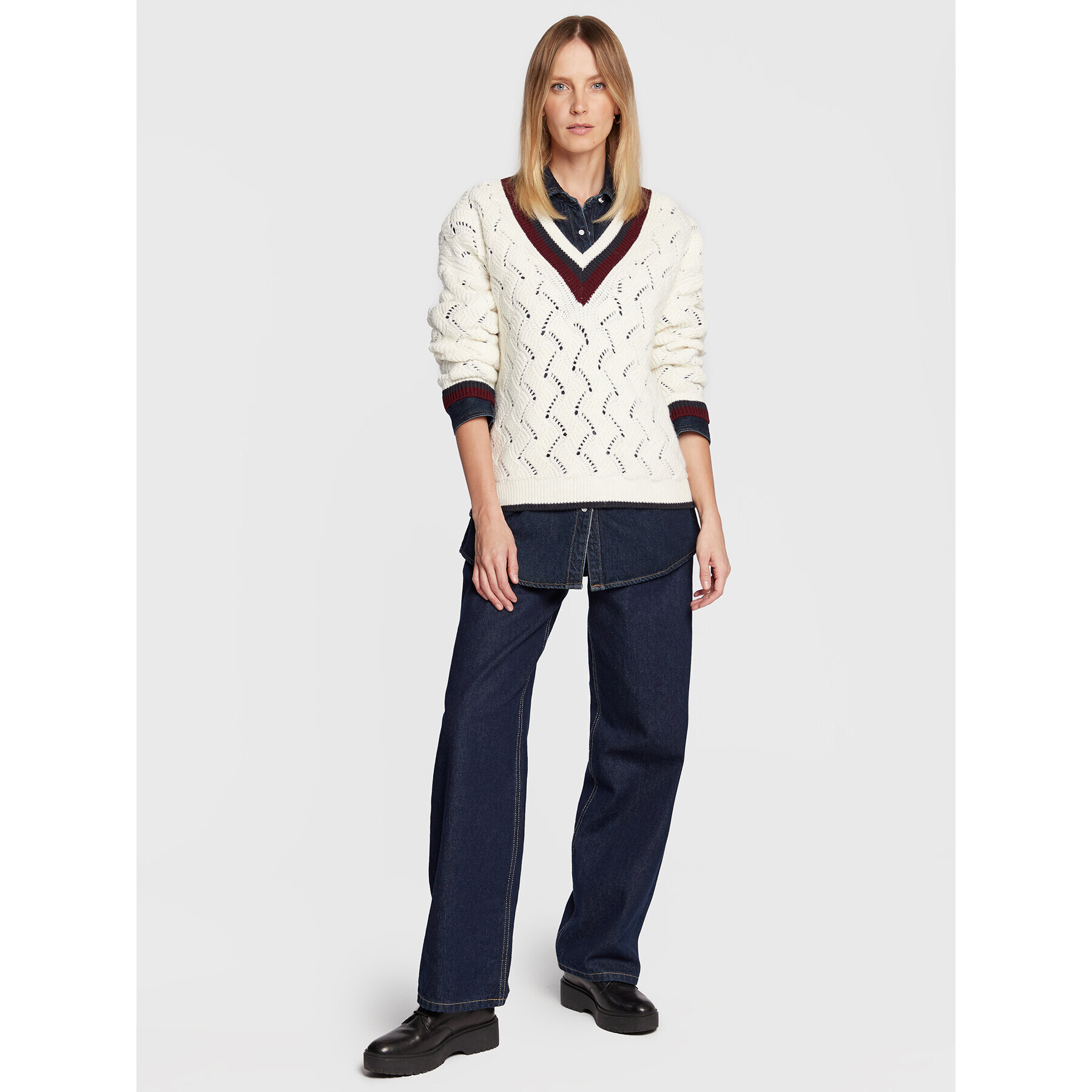 Pepe Jeans Pulover Bellamy PL701889 Écru Relaxed Fit - Pled.ro