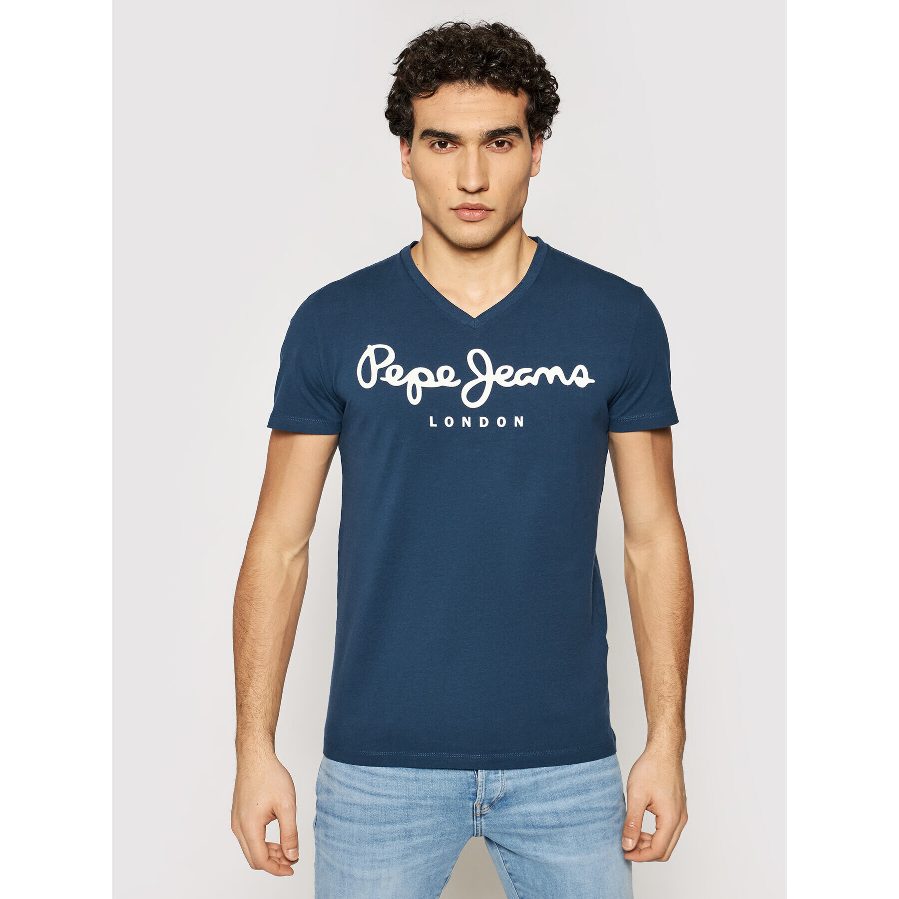 Pepe Jeans Tricou Original Stretch V PM500373 Bleumarin Slim Fit - Pled.ro