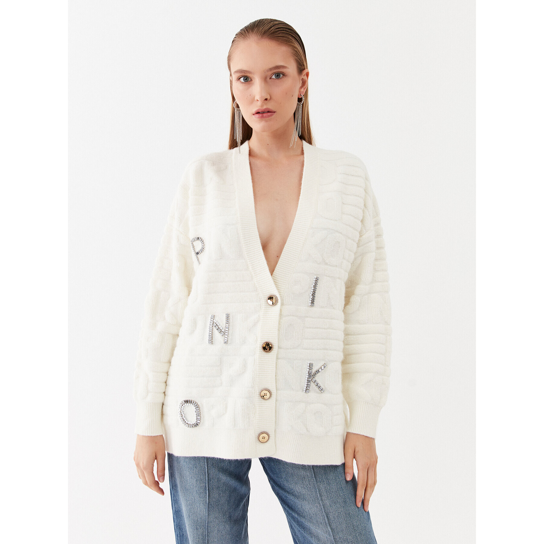 Pinko Cardigan Daino 101569 A117 Écru Relaxed Fit - Pled.ro