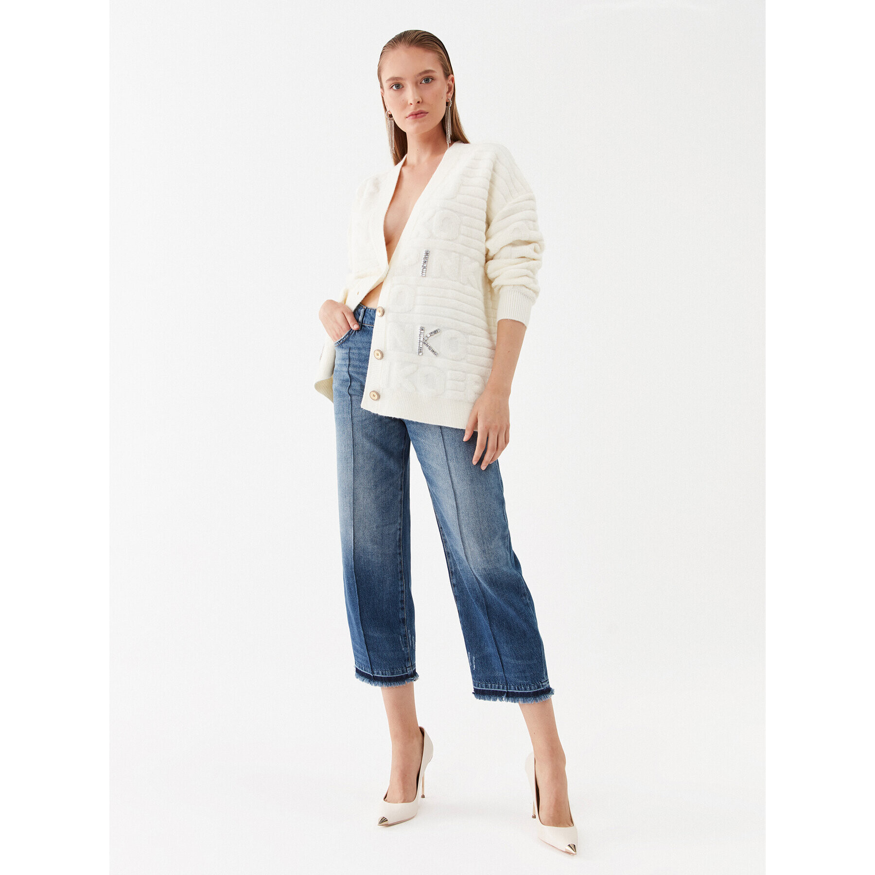 Pinko Cardigan Daino 101569 A117 Écru Relaxed Fit - Pled.ro