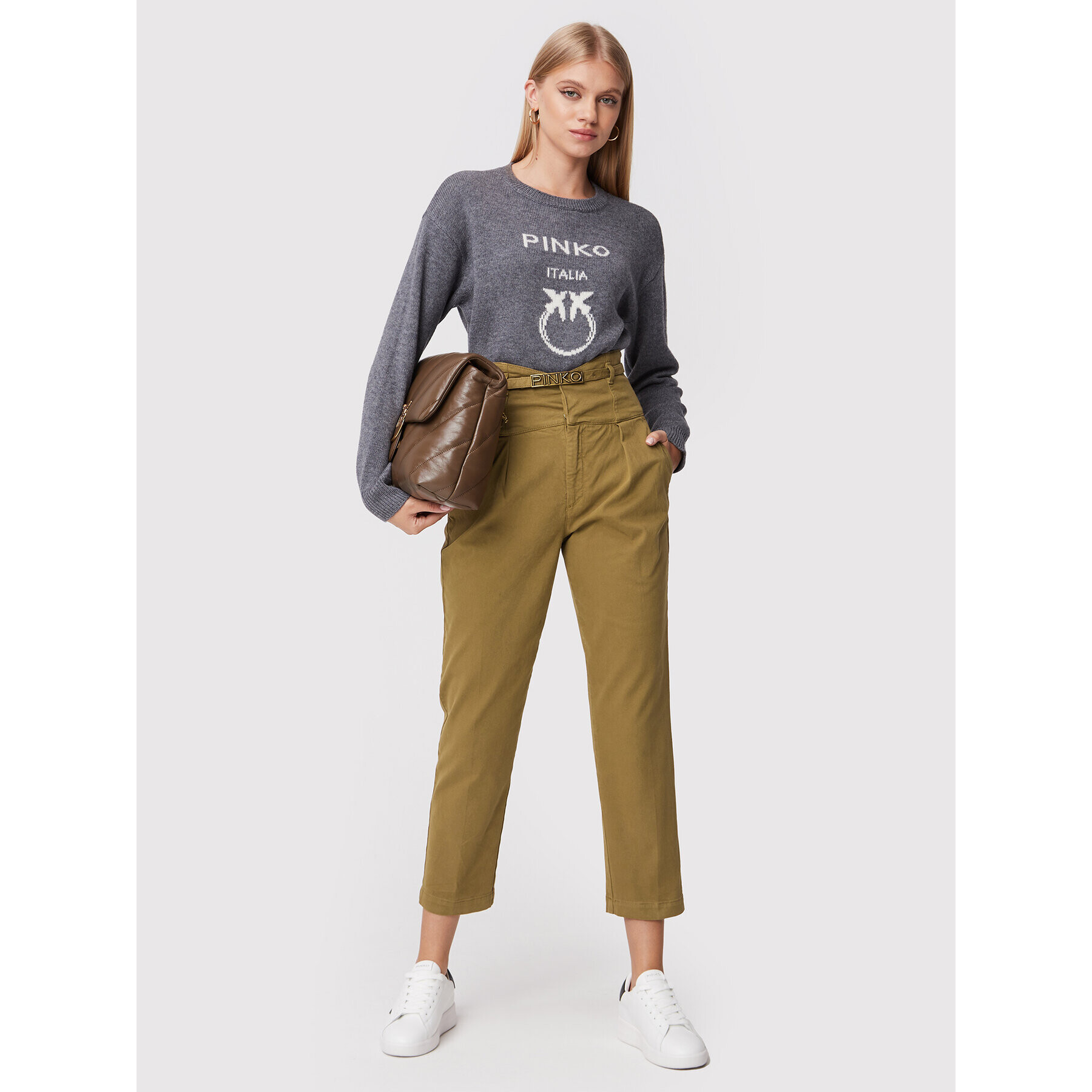 Pinko Pantaloni din material Ariel 1J10YP Y848 Verde Regular Fit - Pled.ro