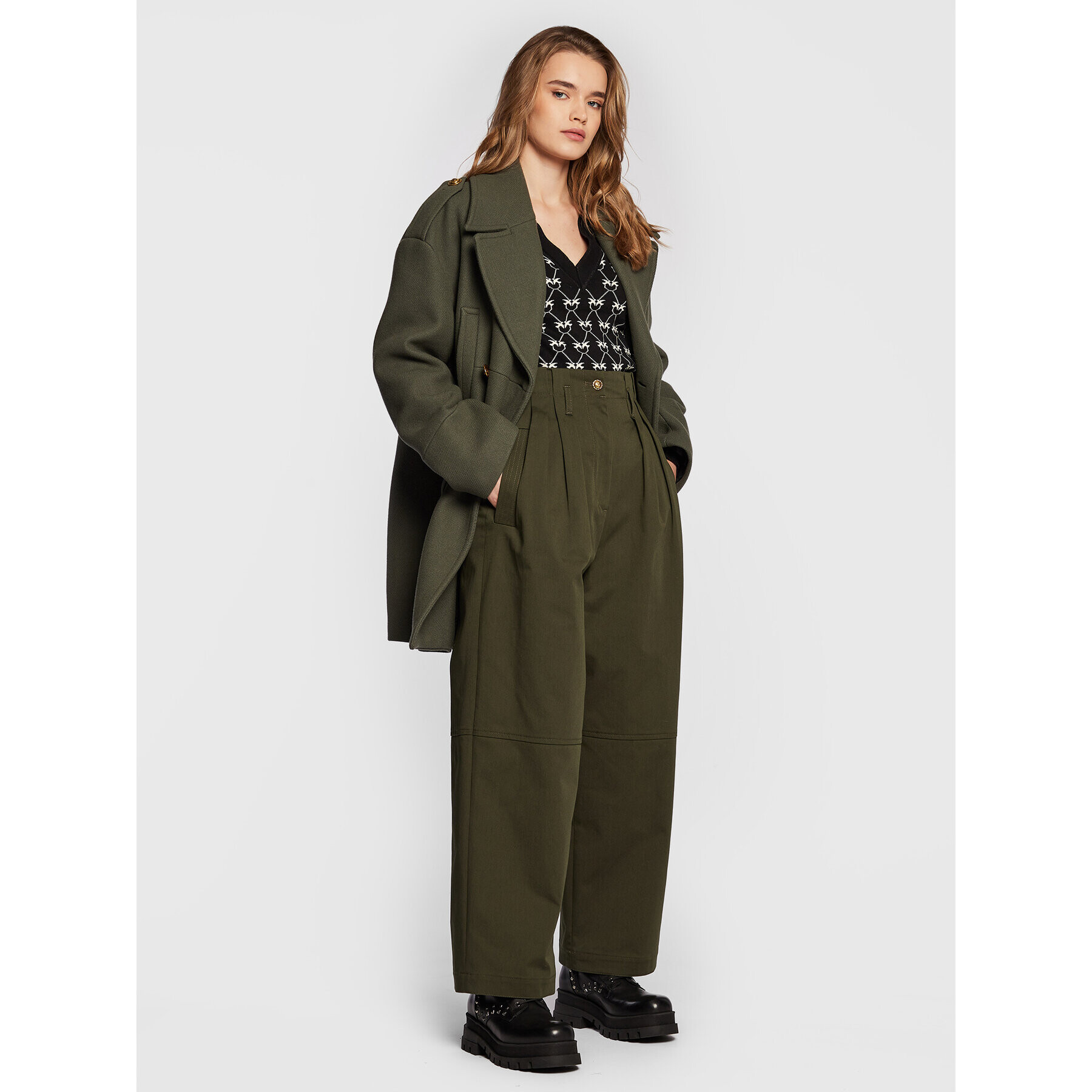 Pinko Pantaloni din material Penni 1G189X A054 Verde Relaxed Fit - Pled.ro