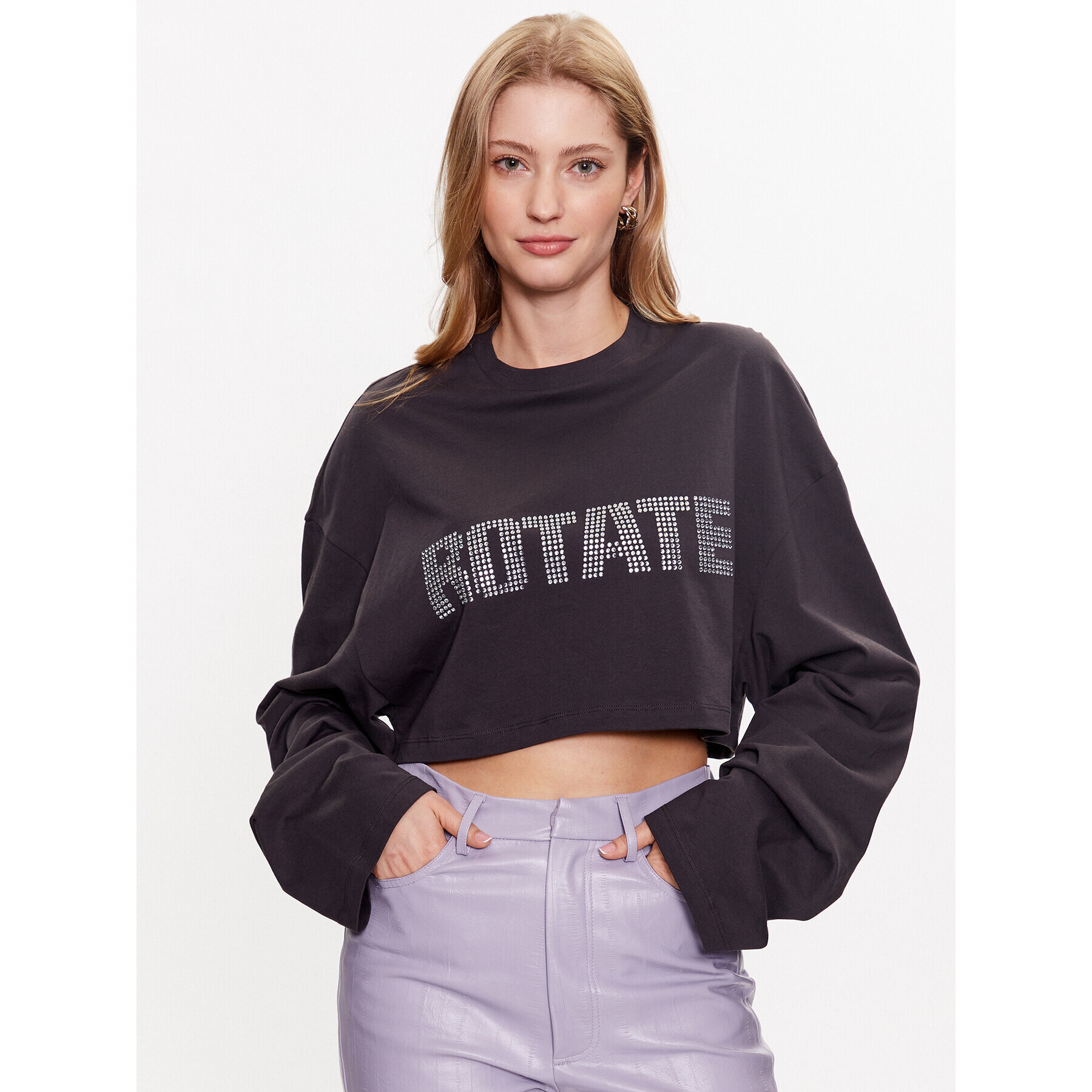 ROTATE Bluză Rhinestone Tyra 7003211959 Gri Cropped Fit - Pled.ro