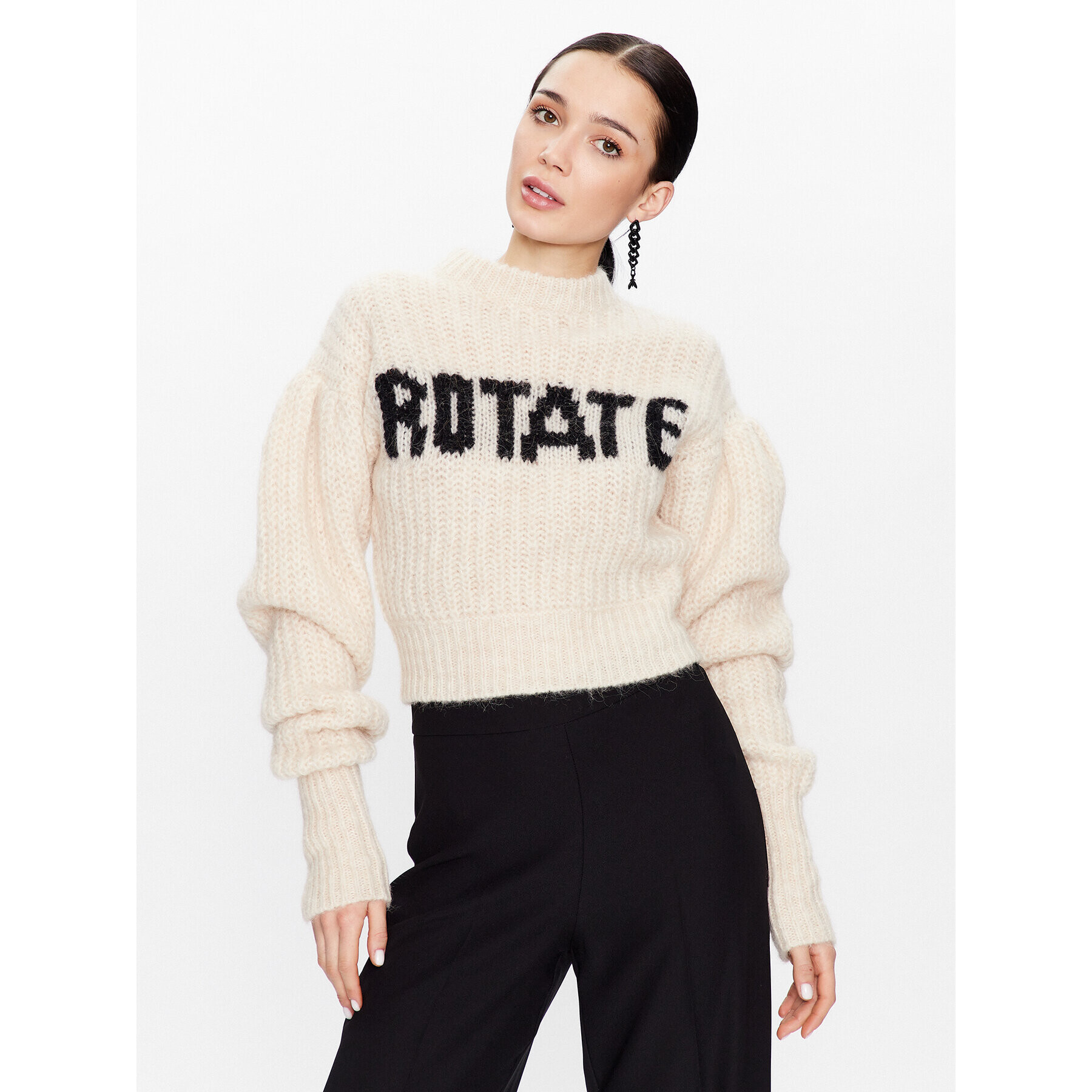 ROTATE Pulover Knit Puff Sleeve RT2287 Écru Regular Fit - Pled.ro