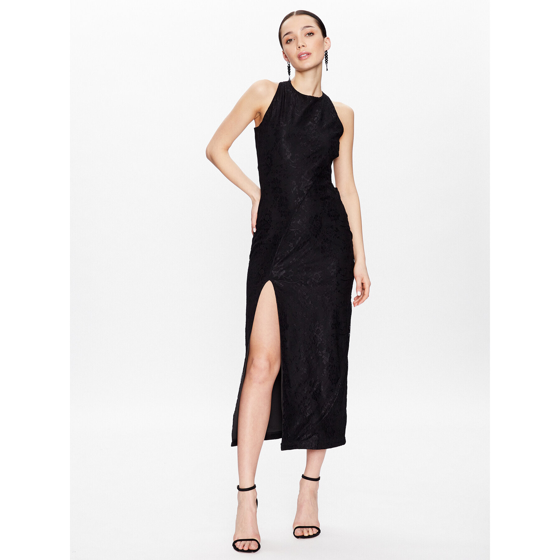 ROTATE Rochie cocktail Mesh Lace Slit RT2496 Negru Slim Fit - Pled.ro