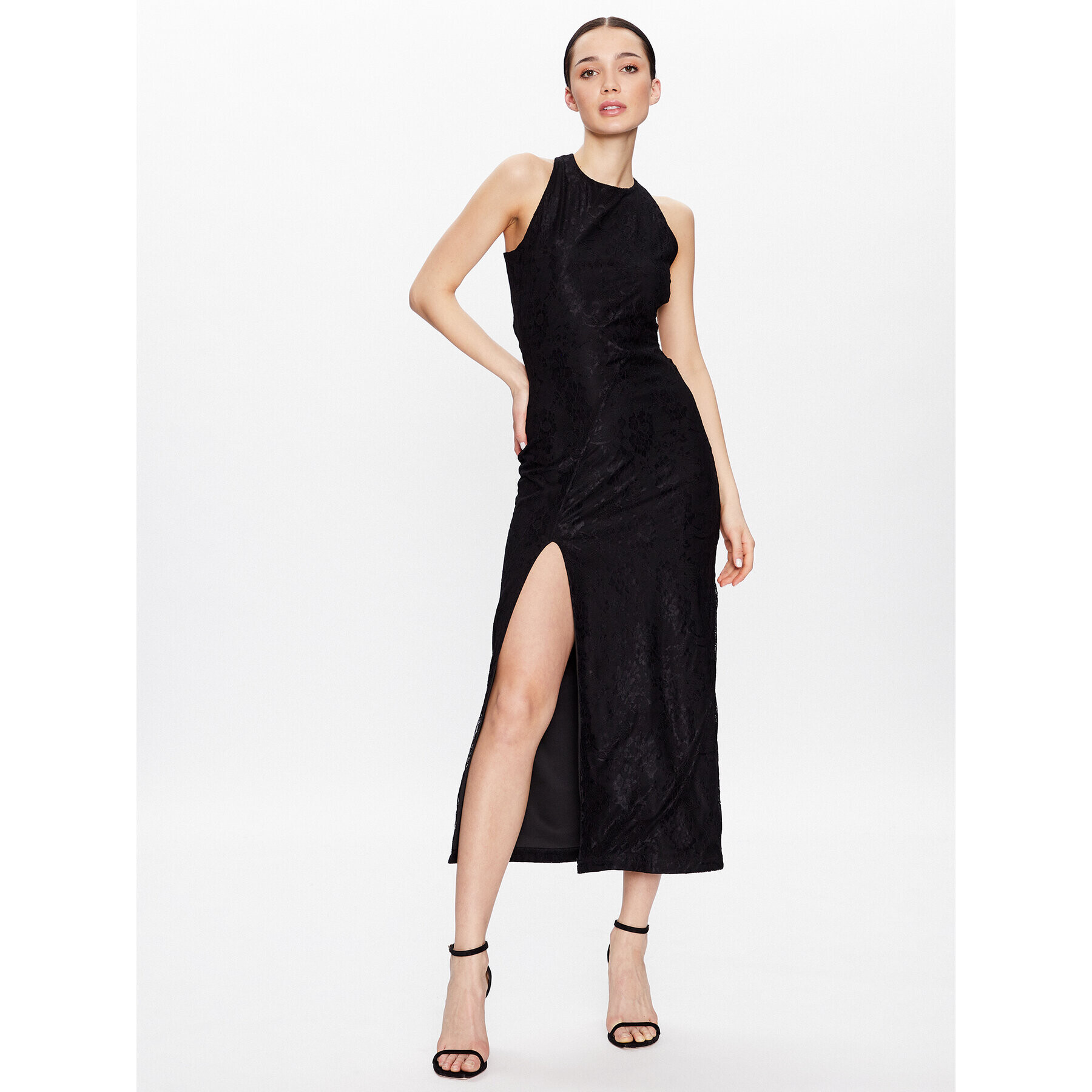 ROTATE Rochie cocktail Mesh Lace Slit RT2496 Negru Slim Fit - Pled.ro