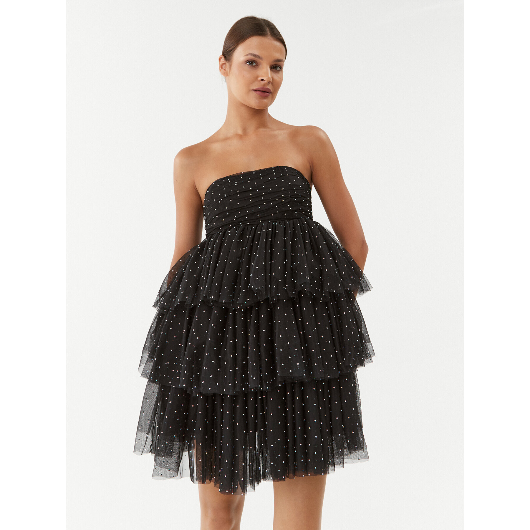 ROTATE Rochie cocktail Mesh Mini Ruffle 111032100 Negru Regular Fit - Pled.ro