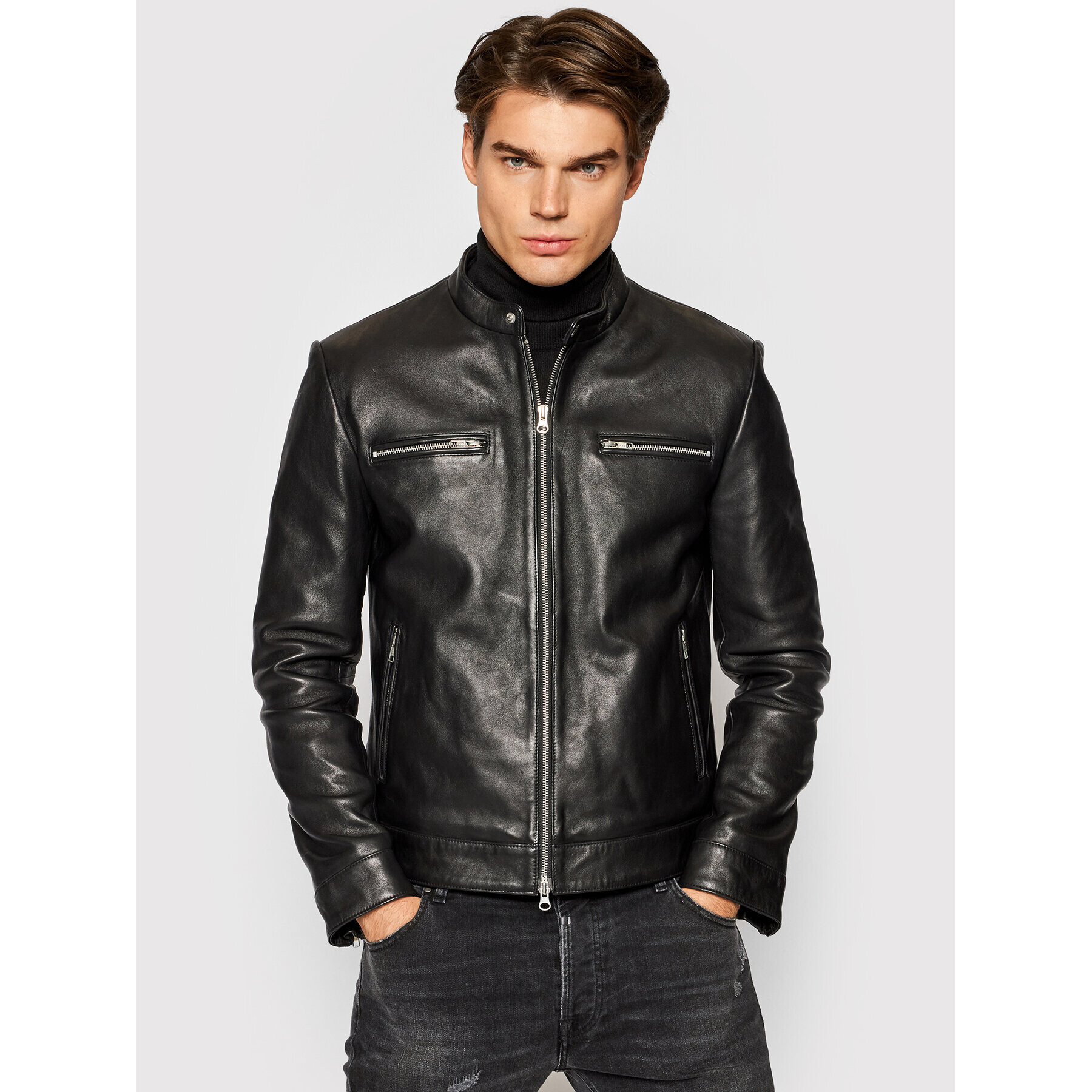 Serge Pariente Geacă de piele Biker Negru Regular Fit - Pled.ro