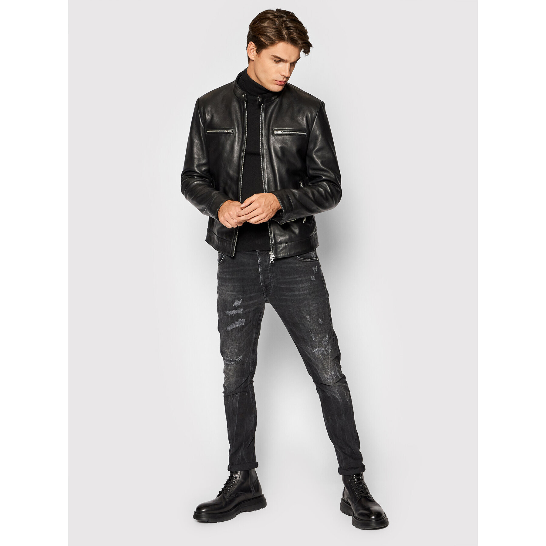 Serge Pariente Geacă de piele Biker Negru Regular Fit - Pled.ro