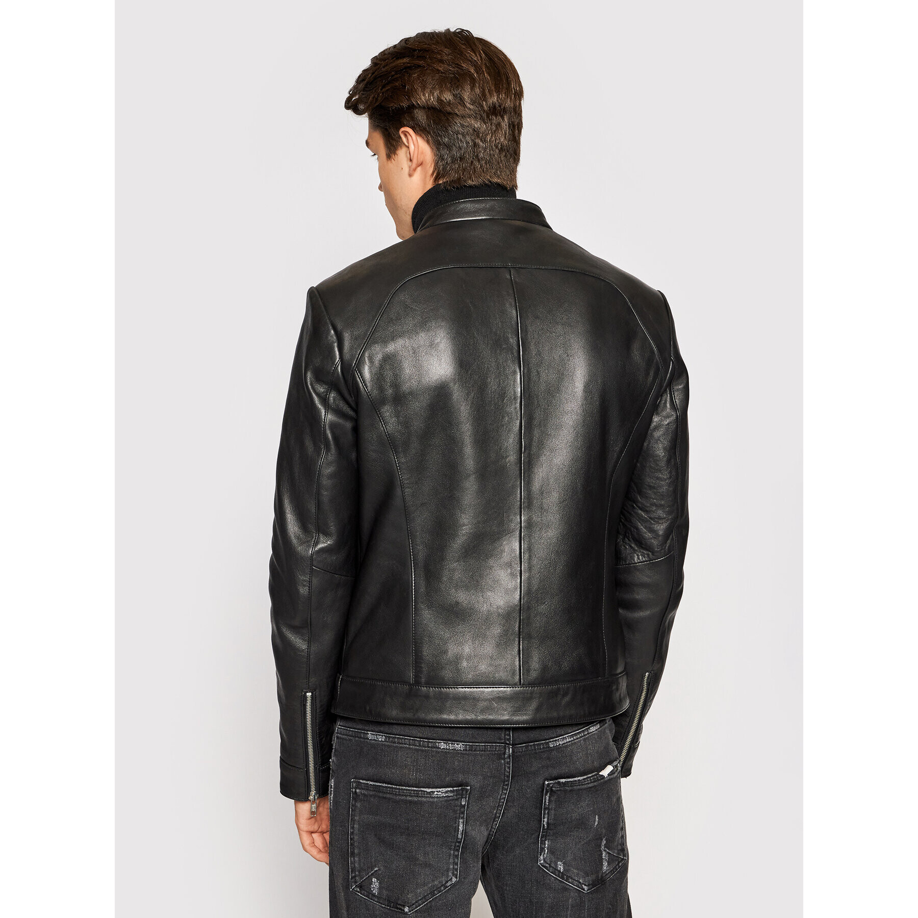 Serge Pariente Geacă de piele Biker Negru Regular Fit - Pled.ro