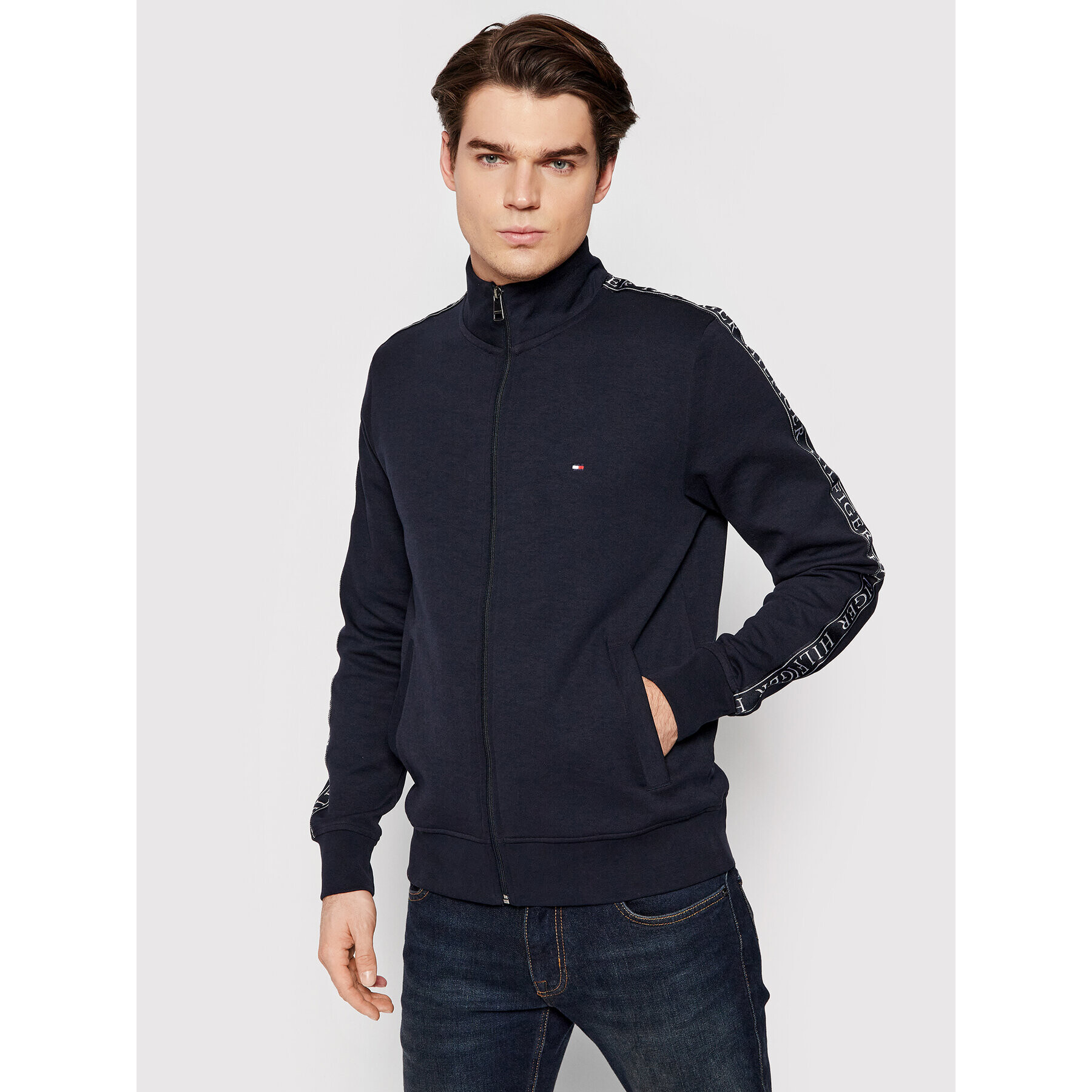 Tommy Hilfiger Bluză Branded Tape Zip Through MW0MW20314 Bleumarin Slim Fit - Pled.ro