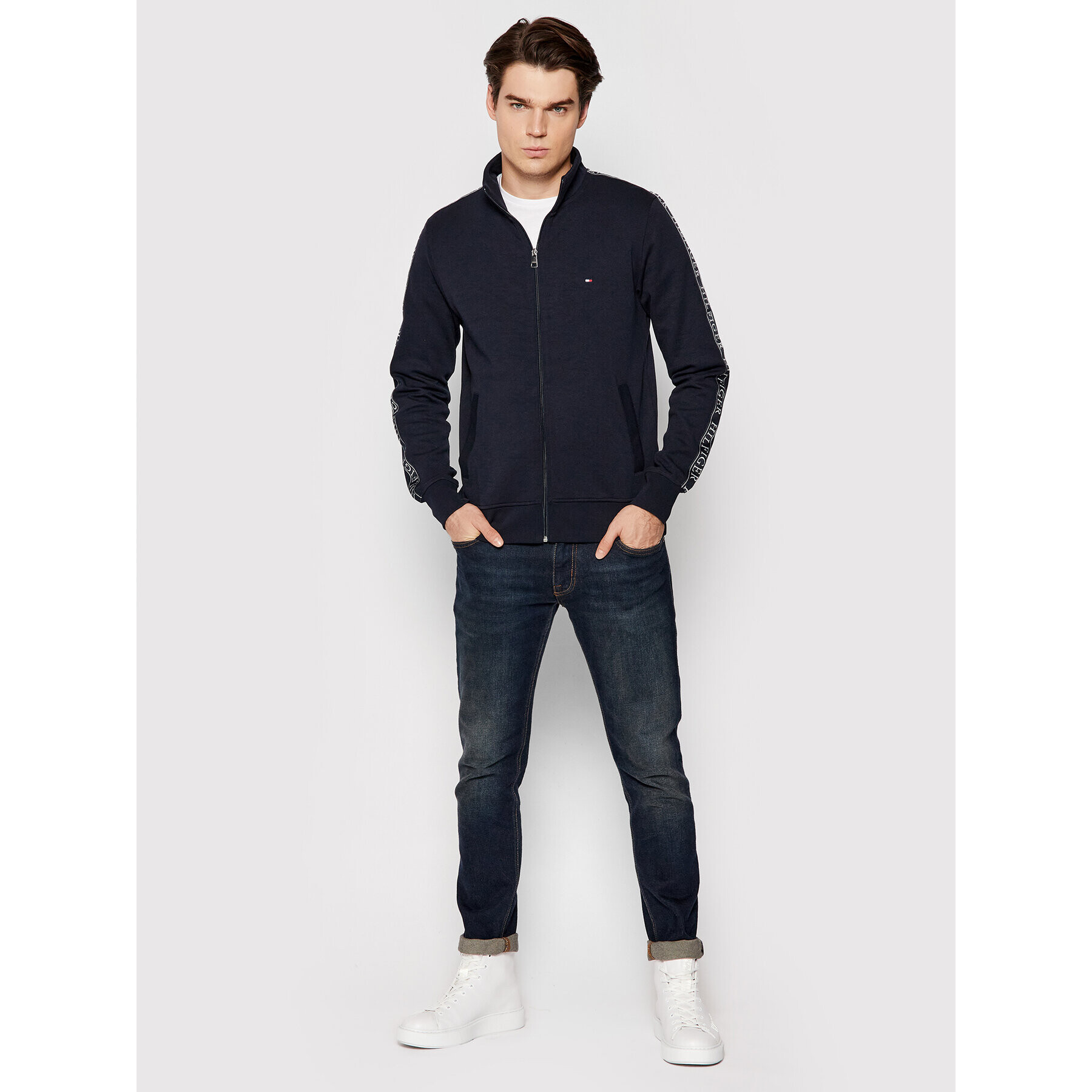 Tommy Hilfiger Bluză Branded Tape Zip Through MW0MW20314 Bleumarin Slim Fit - Pled.ro