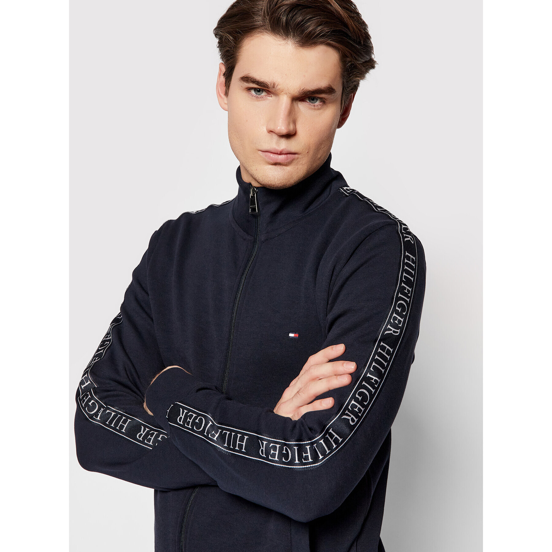 Tommy Hilfiger Bluză Branded Tape Zip Through MW0MW20314 Bleumarin Slim Fit - Pled.ro