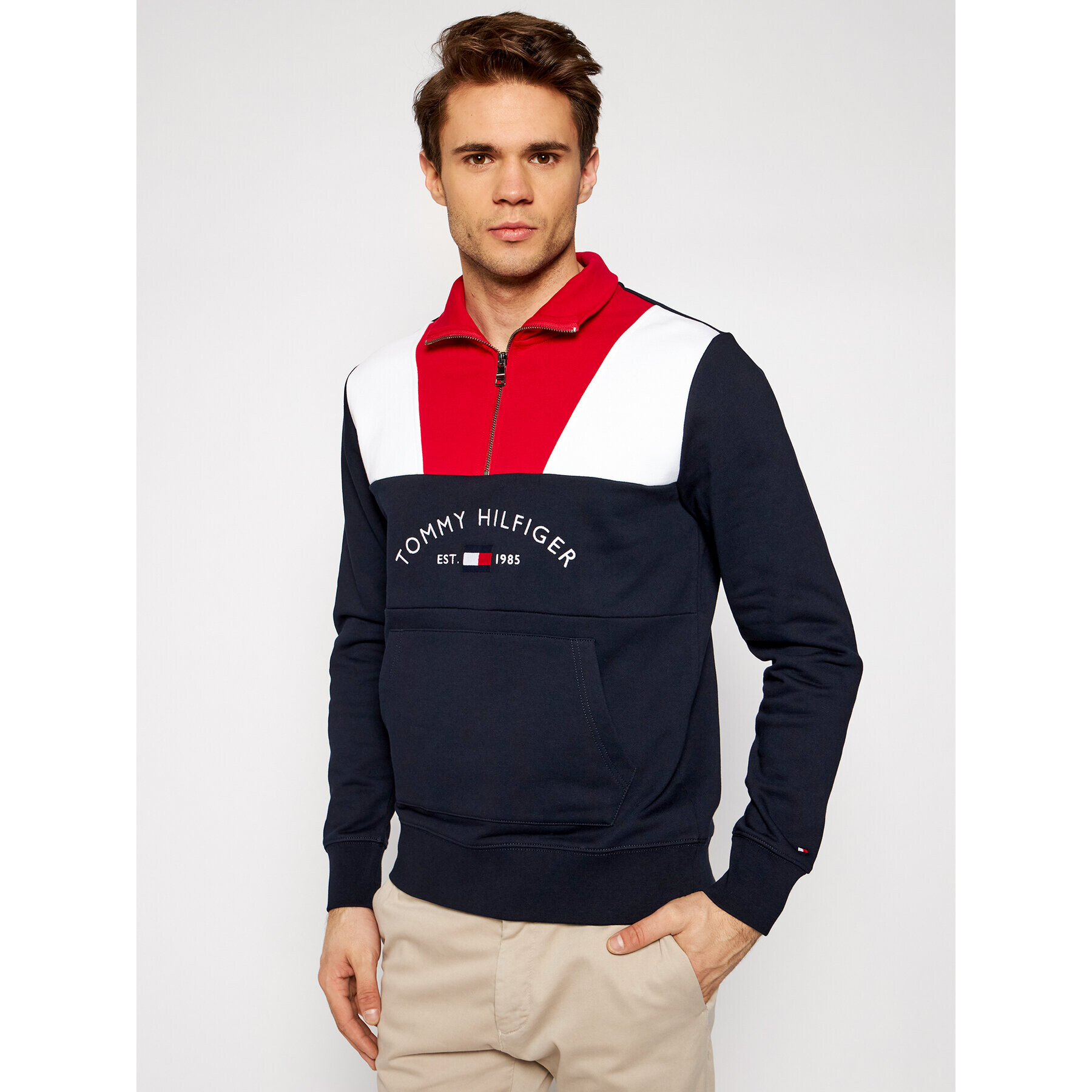 Tommy Hilfiger Bluză Clor Block Mock Neck MW0MW17390 Bleumarin Regular Fit - Pled.ro