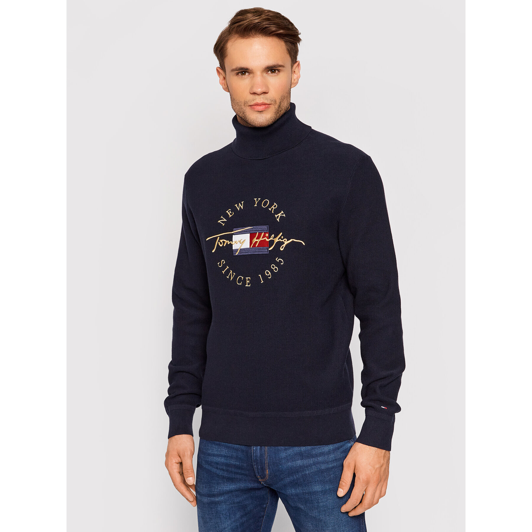 Tommy Hilfiger Bluză cu gât Icon Structure MW0MW19572 Bleumarin Slim Fit - Pled.ro