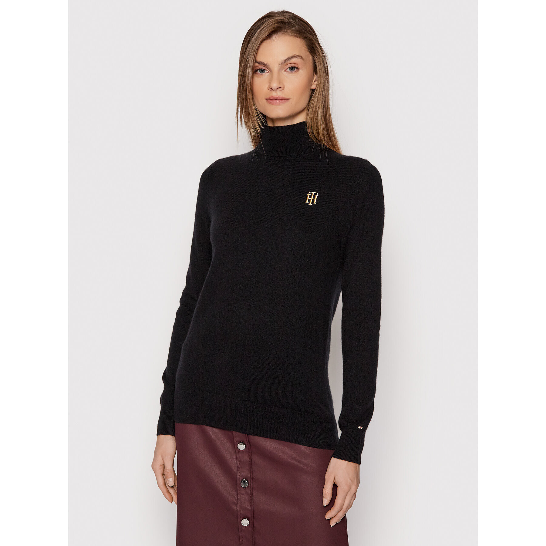 Tommy Hilfiger Bluză cu gât Recycled Cashmere Roll-nk WW0WW31560 Negru Regular Fit - Pled.ro