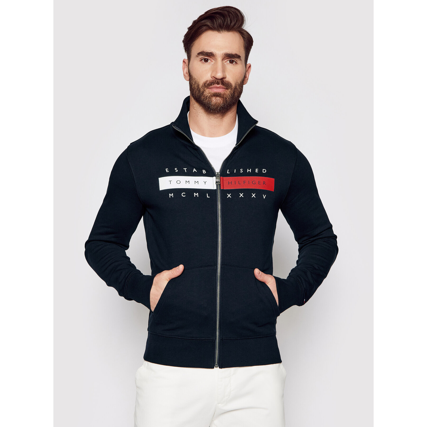 Tommy Hilfiger Bluză Global Zip Through MW0MW18367 Bleumarin Regular Fit - Pled.ro