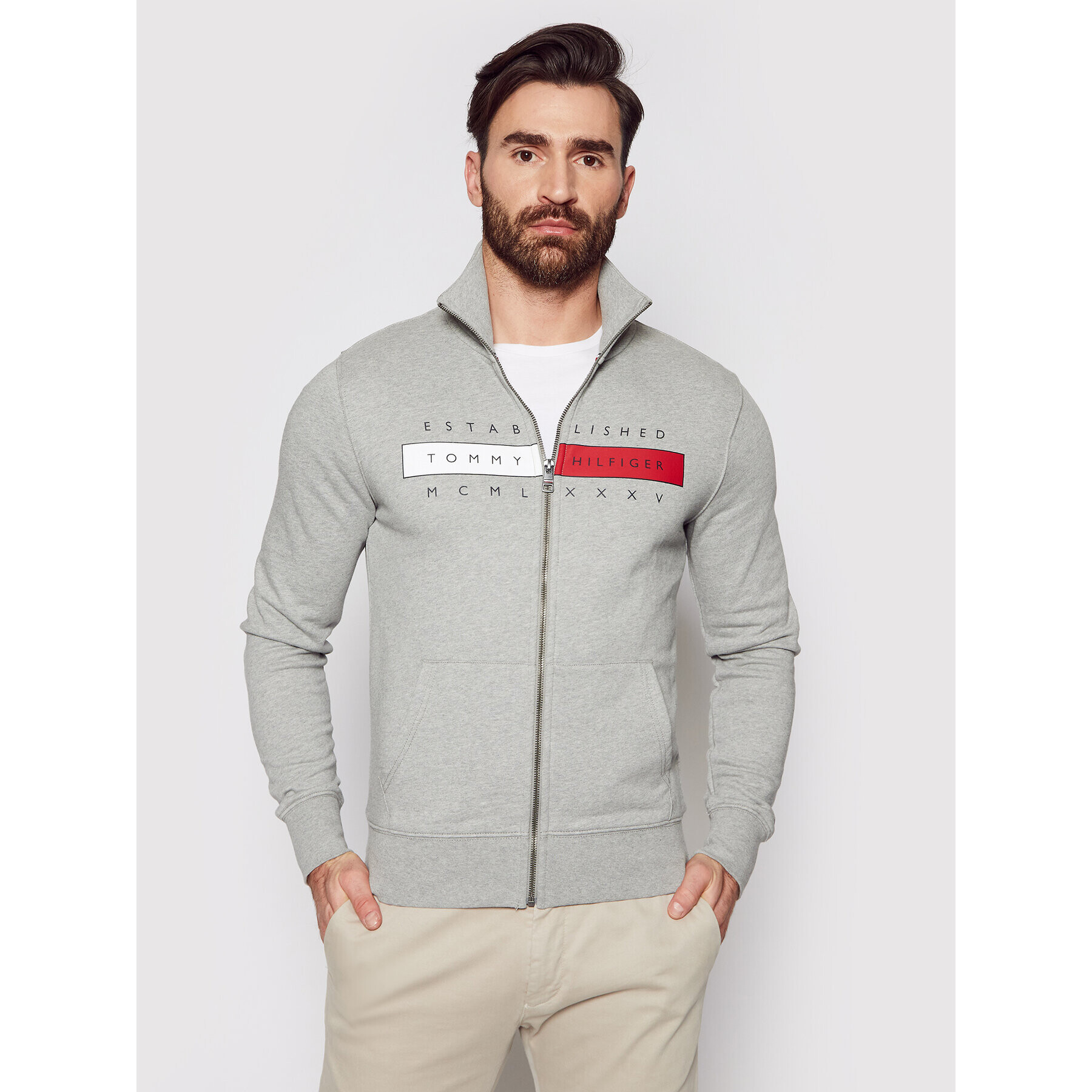 Tommy Hilfiger Bluză Global Zip Through MW0MW18367 Gri Regular Fit - Pled.ro