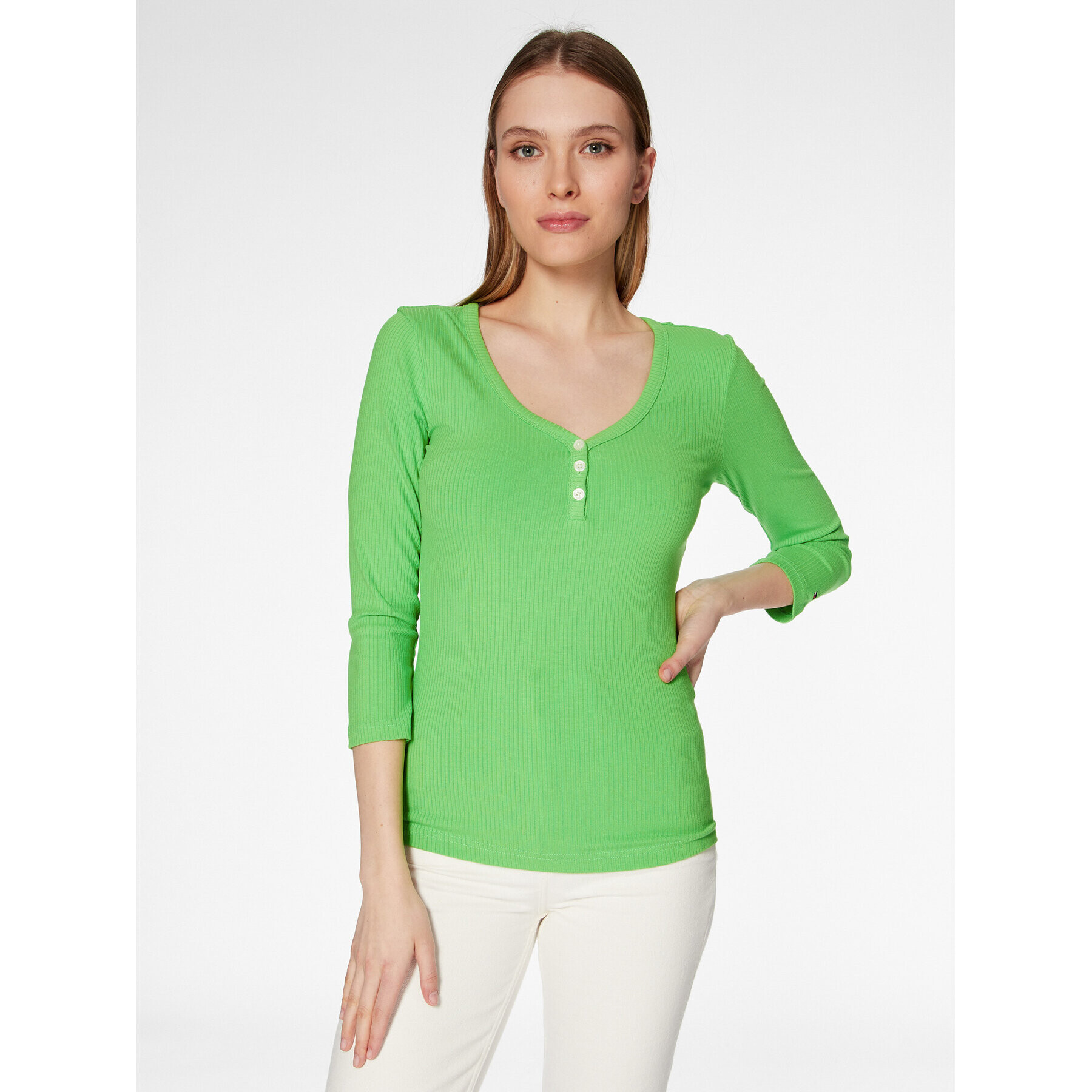 Tommy Hilfiger Bluză Henley WW0WW37874 Verde Slim Fit - Pled.ro