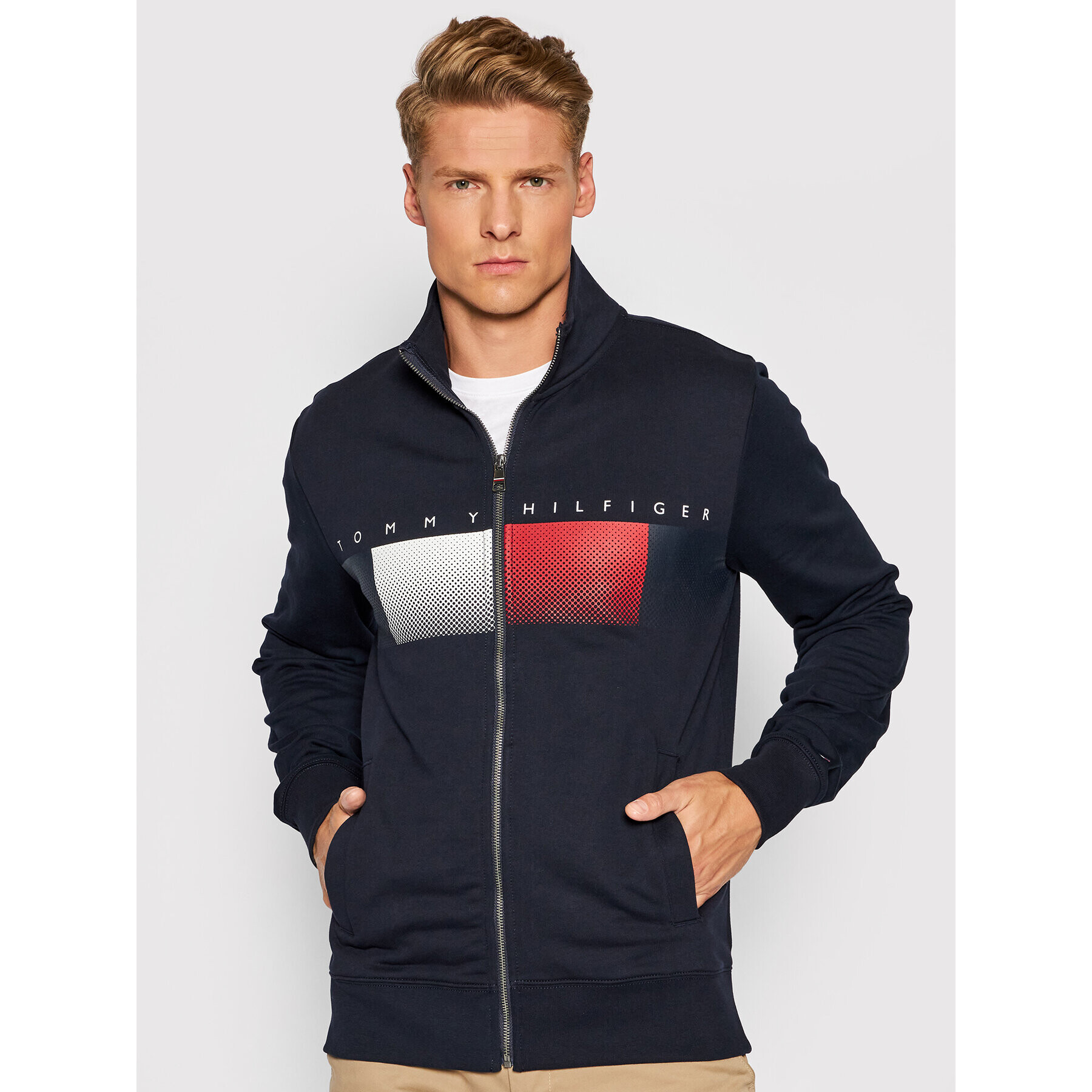 Tommy Hilfiger Bluză Logo Full Zip Mock Neck MW0MW19360 Bleumarin Regular Fit - Pled.ro