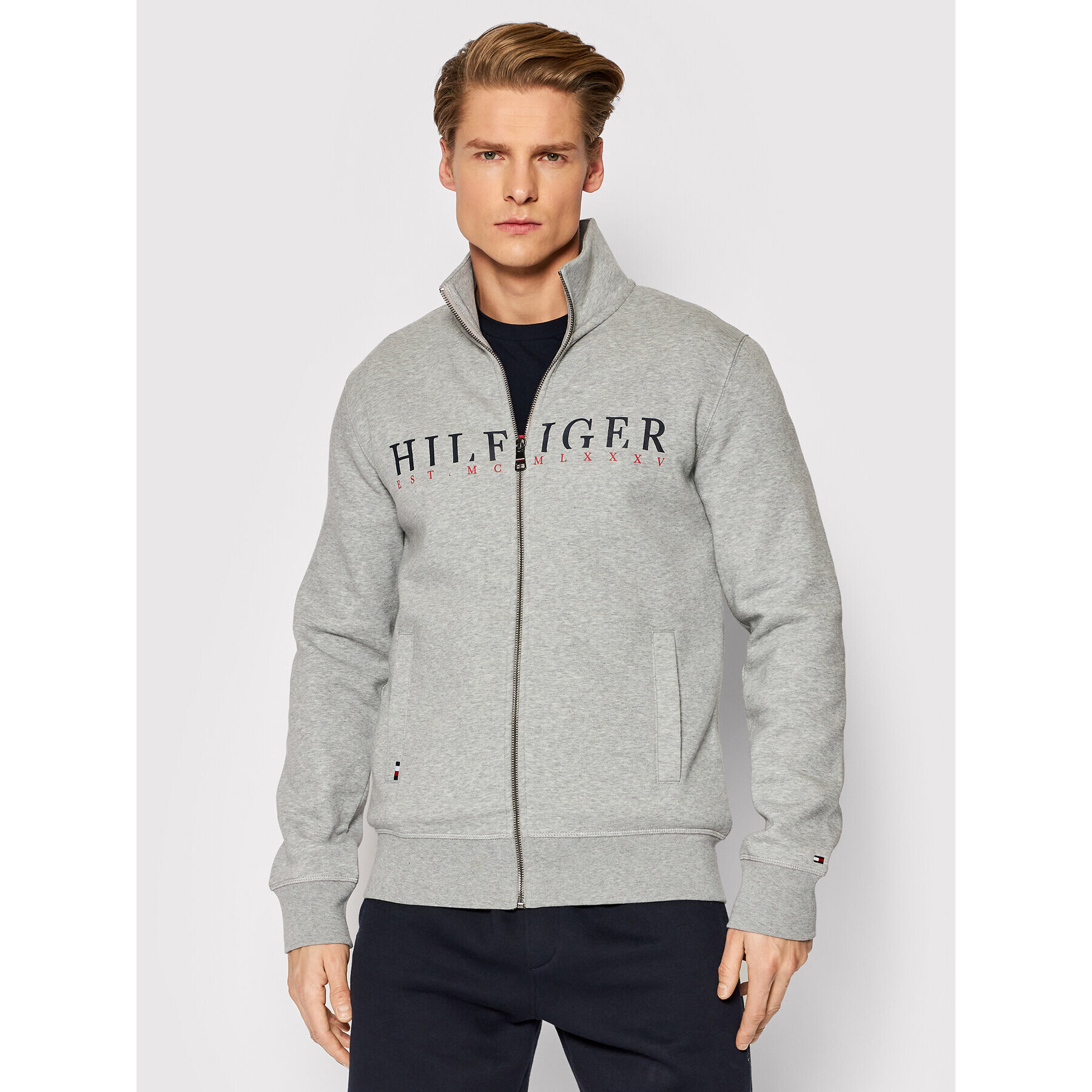 Tommy Hilfiger Bluză Logo Zip Through MW0MW22147 Gri Regular Fit - Pled.ro