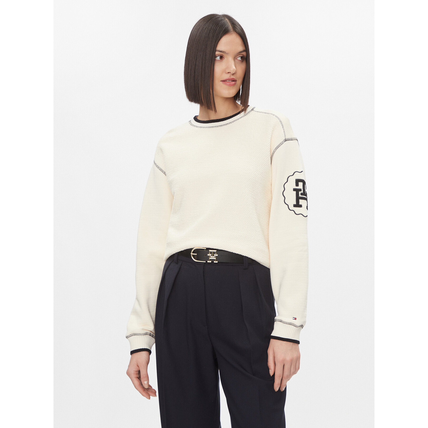 Tommy Hilfiger Bluză Lrg Smd Texture C-Nk Sweatshirt WW0WW40575 Écru Regular Fit - Pled.ro