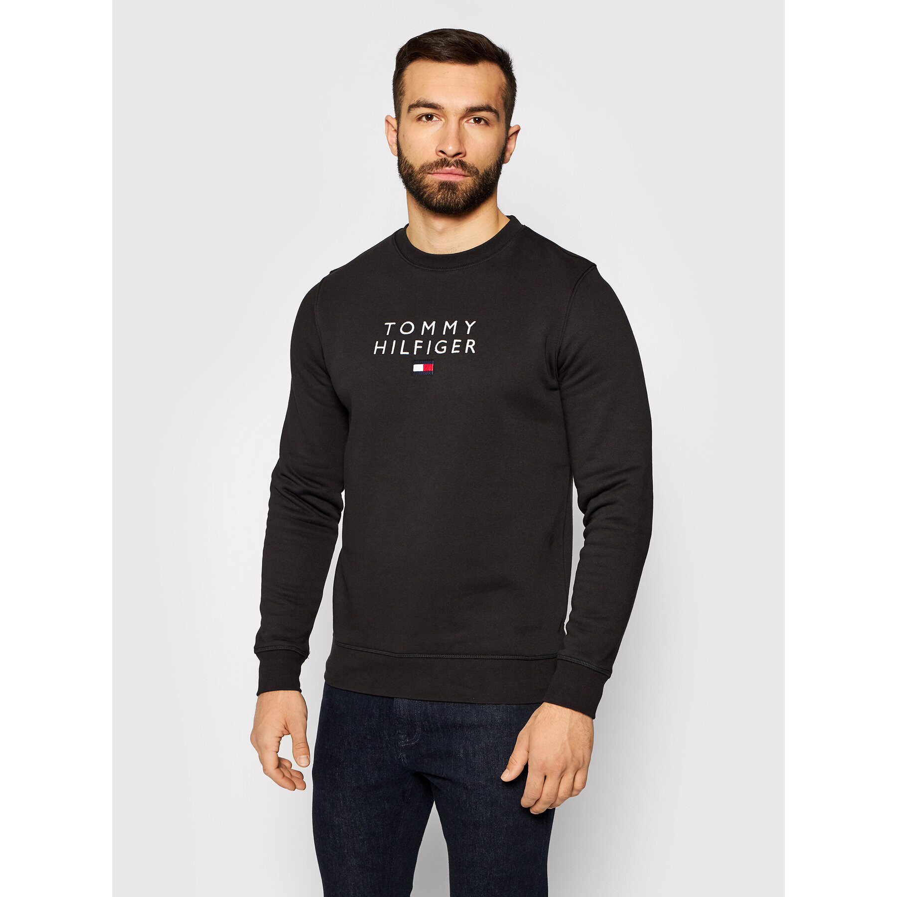 Tommy Hilfiger Bluză Stacked Flag Crewneck MW0MW18299 Negru Regular Fit - Pled.ro