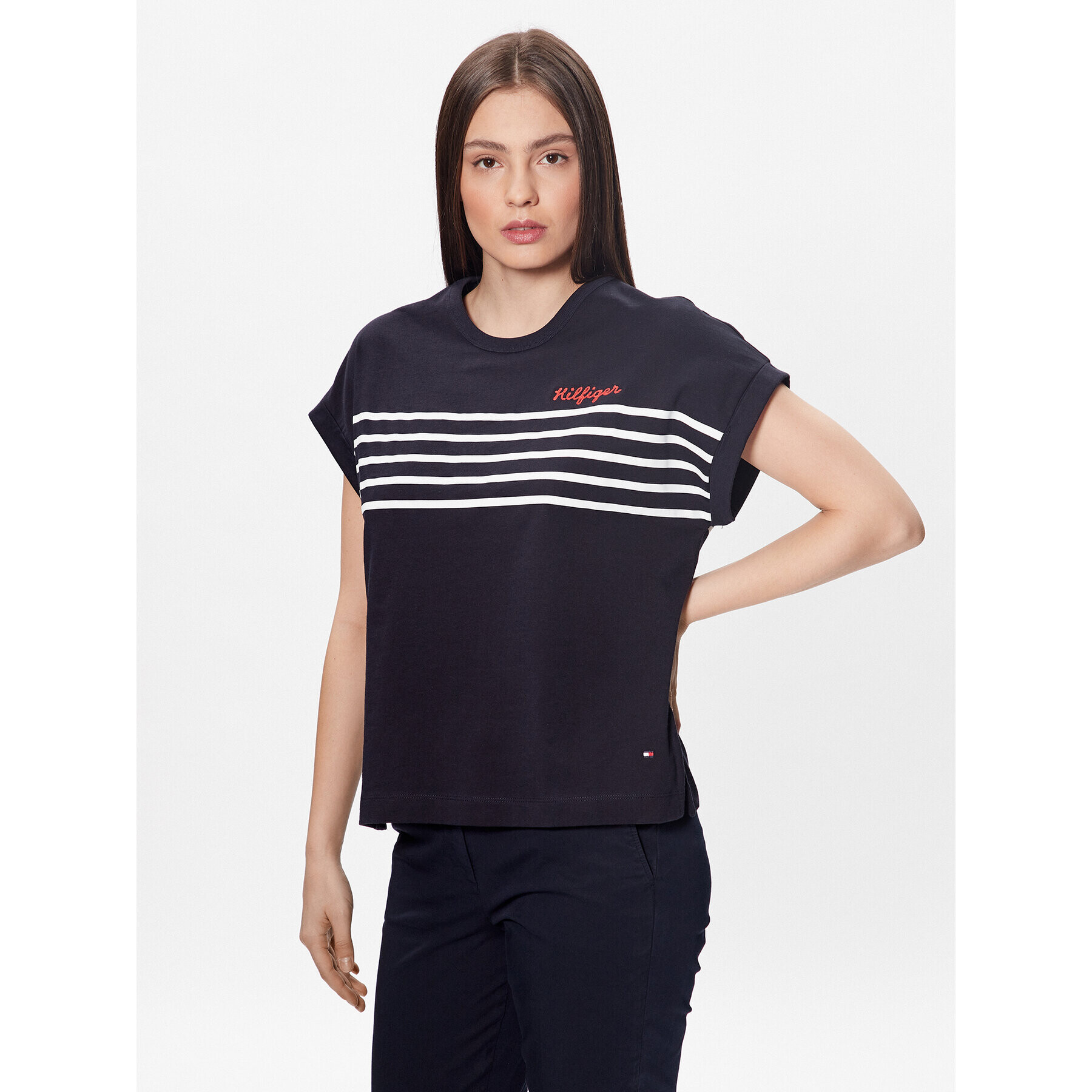 Tommy Hilfiger Bluză Stripe WW0WW37881 Bleumarin Relaxed Fit - Pled.ro