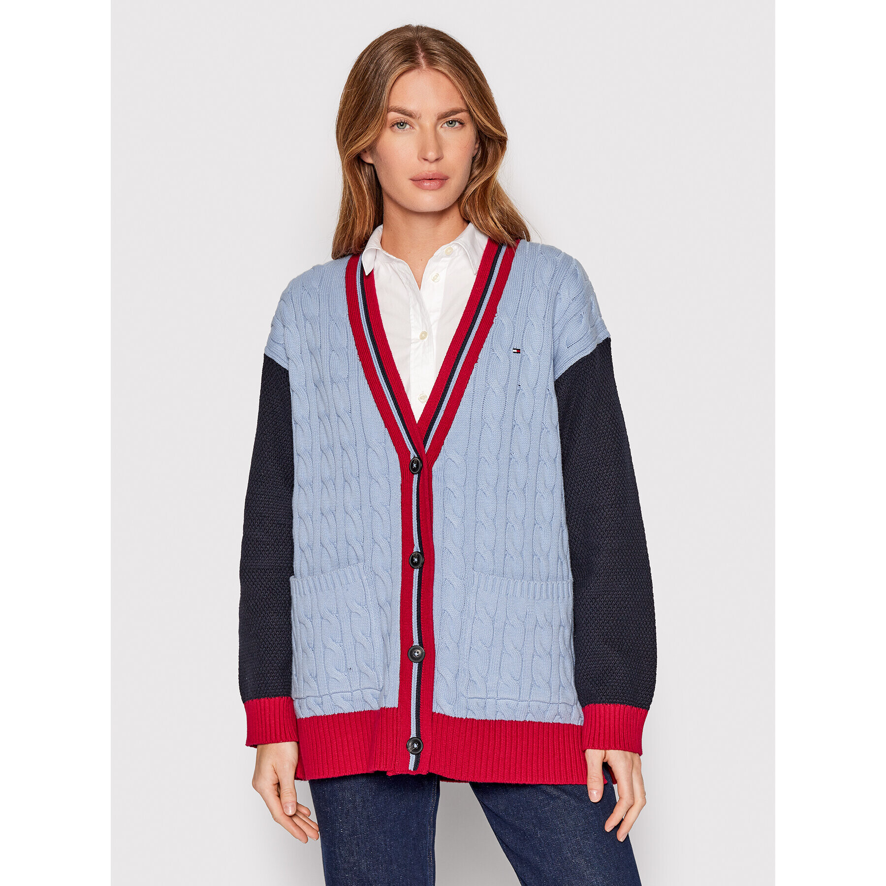 Tommy Hilfiger Cardigan Cable Mix WW0WW34956 Albastru Loose Fit - Pled.ro